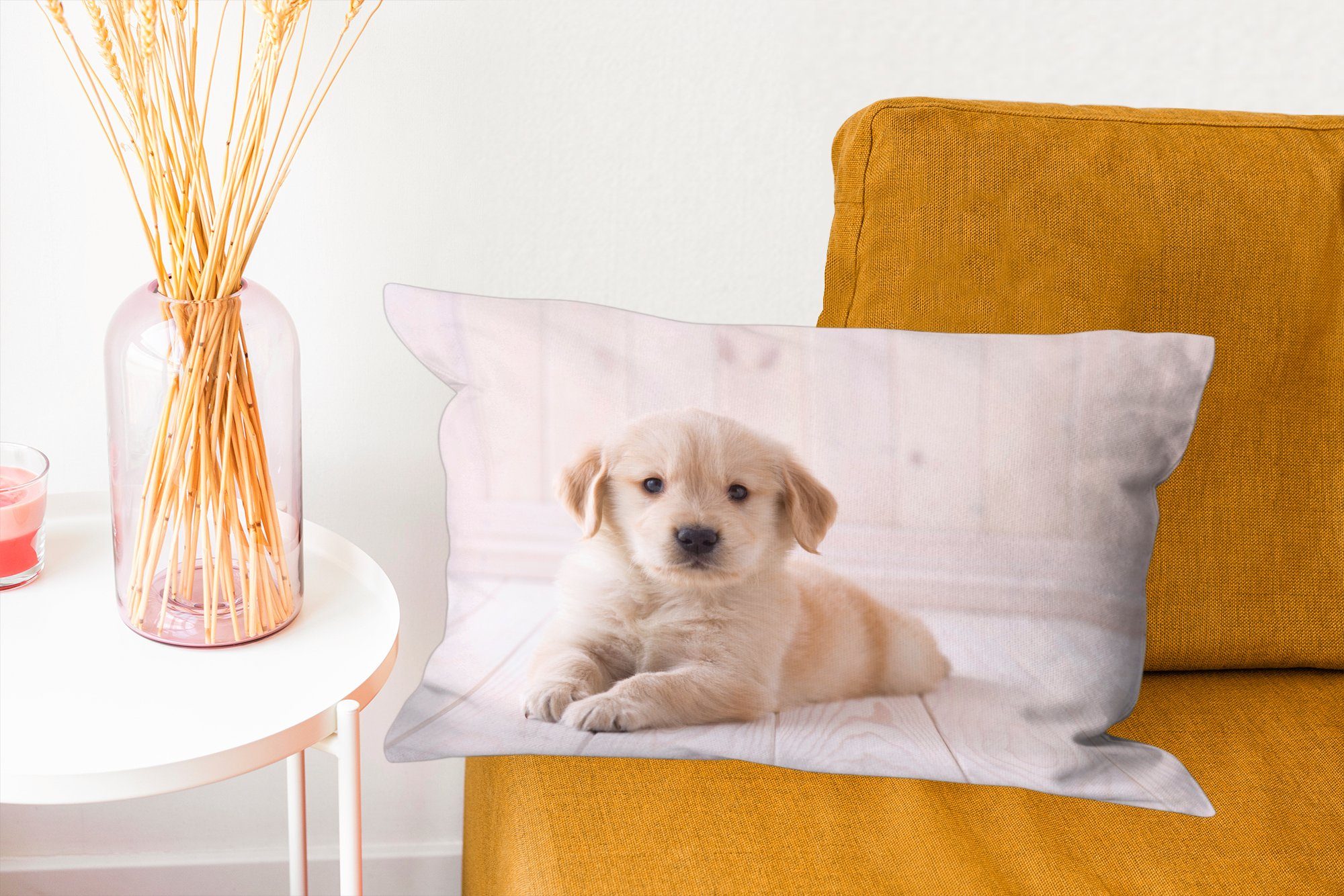 Dekoration, Wohzimmer Golden Zierkissen, MuchoWow Füllung, Dekokissen Retriever Weißer Welpe, Schlafzimmer Dekokissen mit