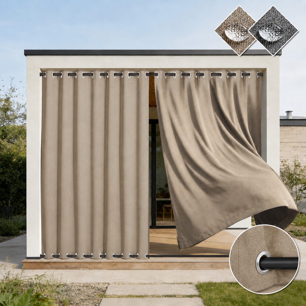 Rosnek Outdoorvorhang 100% Blickdicht & Wasserdicht - Verdunklungsvorhang mit Ösen, Sonnenschutz Sichtschutz für Balkon Terrasse, Leinenoptik Taupe/Grau