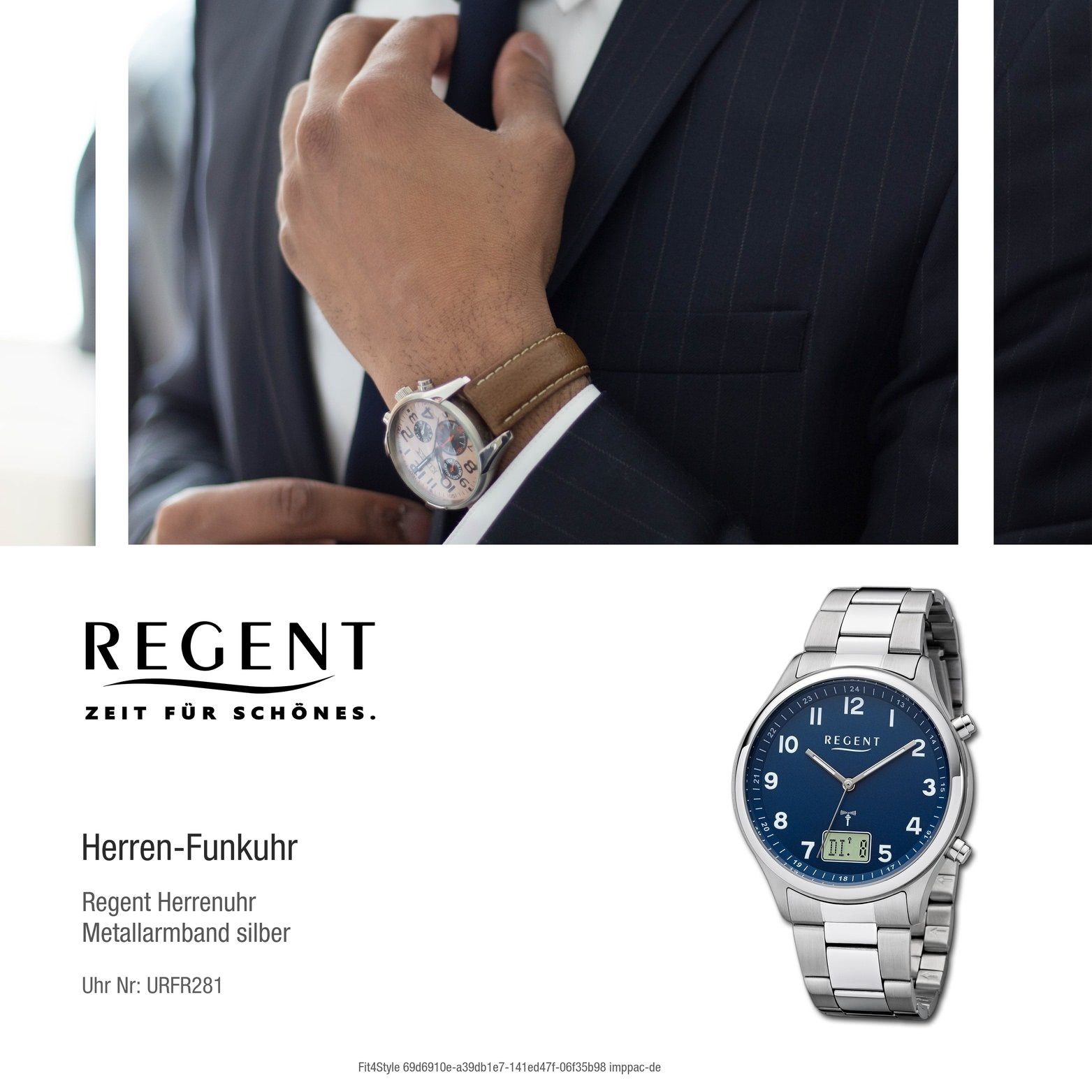 Regent Funkuhr Regent Herren silber, extra Metallarmband groß (ca. Gehäuse, Analog-Digital, Herrenuhr 39mm) rundes Funkuhr