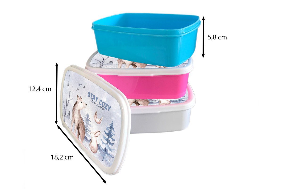 und für (2-tlg), weiß - Brotbox Kunststoff, Mädchen - MuchoWow Kinder Jungs Erwachsene, Kaninchen, Winter Lunchbox für Brotdose, - Vogel und Wolf