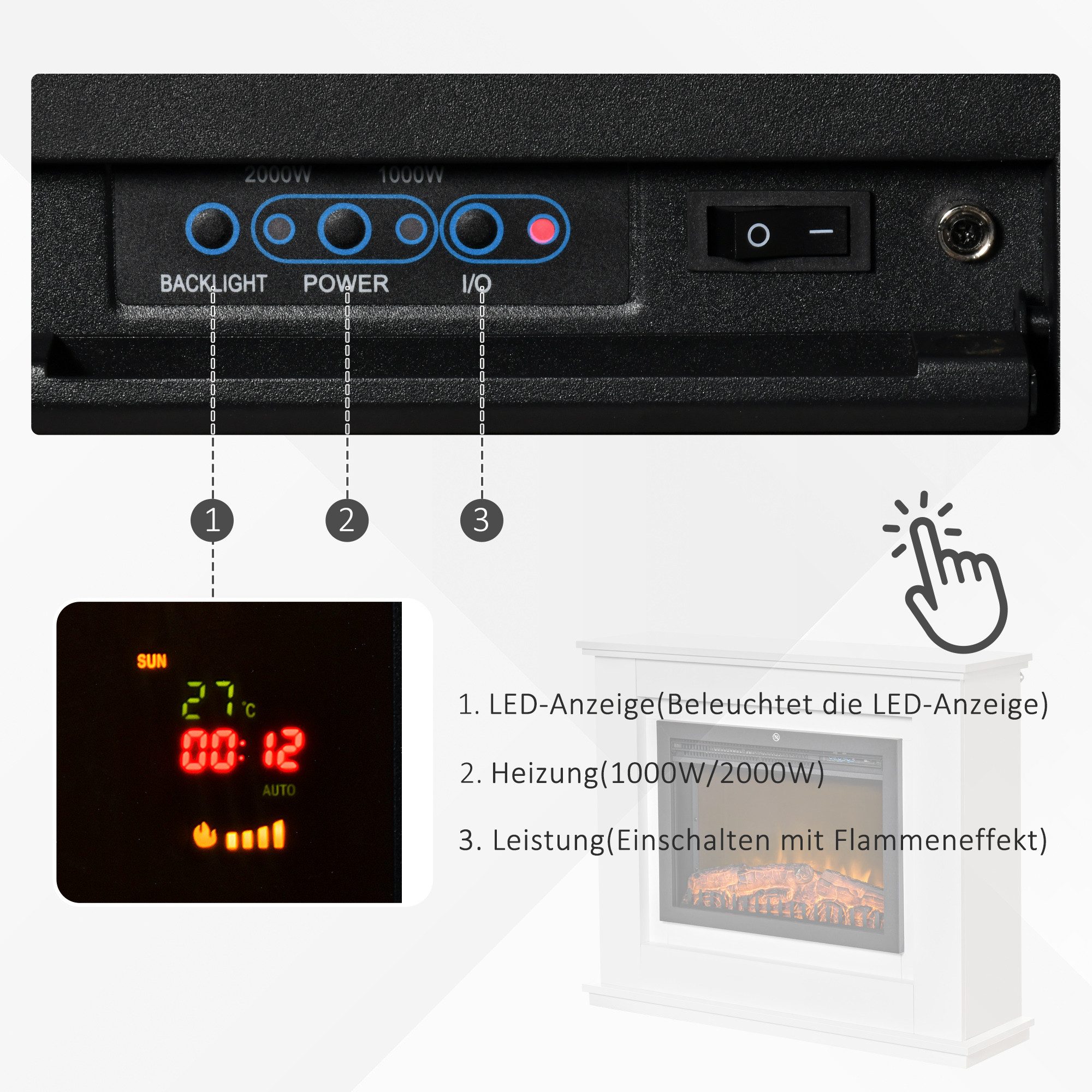 HOMCOM Elektrokamin 2000W Kaminofen, Elektrischer Kamin mit Heizschutz, für Wohnzimmer, Schlafzimmer, Weiß