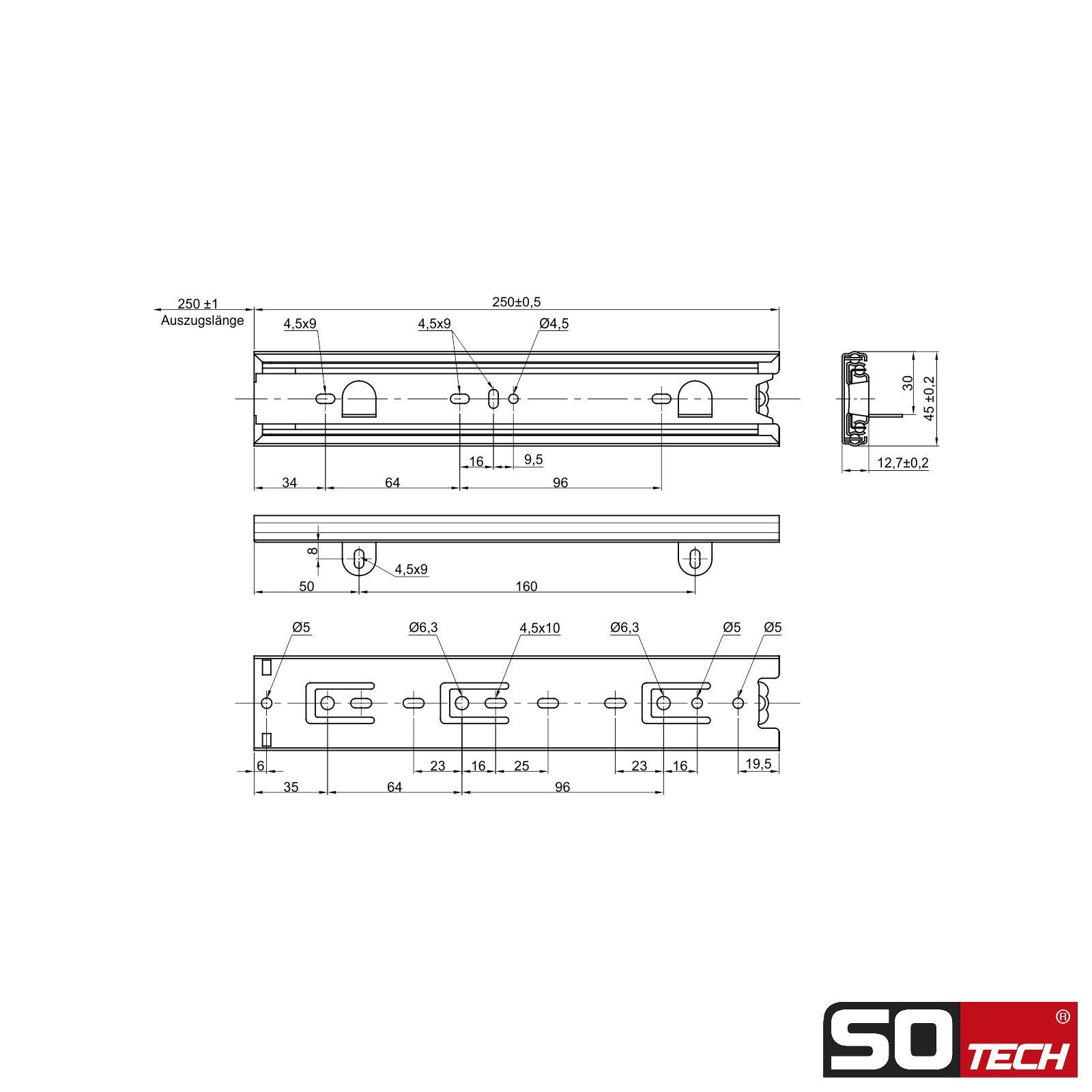 SO-TECH® Auszug 45 mm, mit Traglast Auflagewinkel, Paar Länge inkl. Schraubenset Vollauszüge KV4-45-H45-NF-MS 250 kg 1