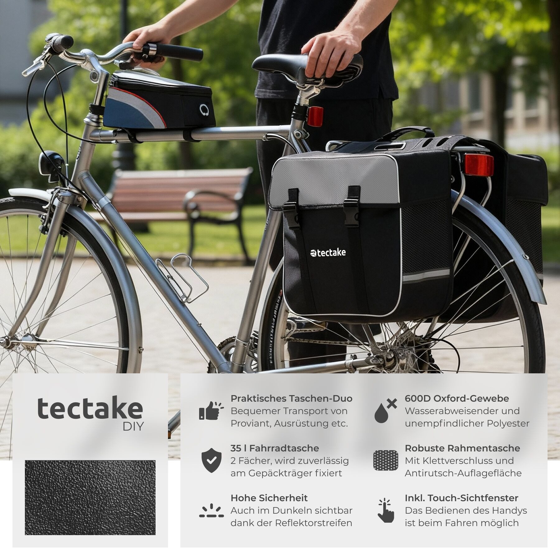 tectake Fahrradtasche Fahrradgepäck Set Georg - wasserabweisend und robust (fahrradtasche GEORG, in schwarz/rot), Reflektierende Streifen für mehr Sicherheit