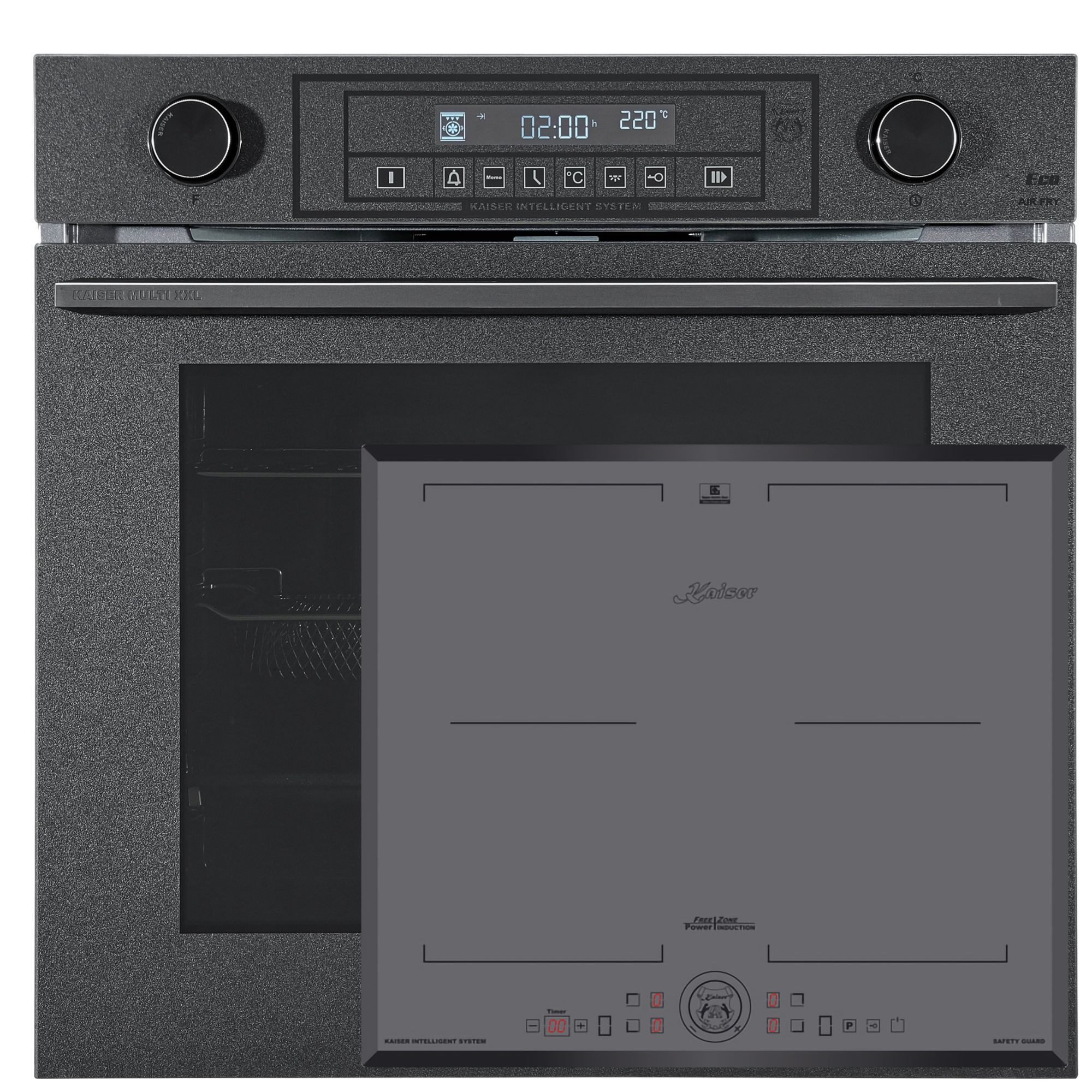 Kaiser Küchengeräte Backofen-Set Herd Set Autark XXL 79 L Einbau-Backofen mit AirFry, Pizzastein und Drehspieß+ Induktion Glaskeramik-Kochfeld mit freien Heizelementen, 60 cm EH 6401+KCT 6730 FIG, mit 1-fach-Teleskopauszug, Katalytische Selbstreinigung, Dampfreinigung