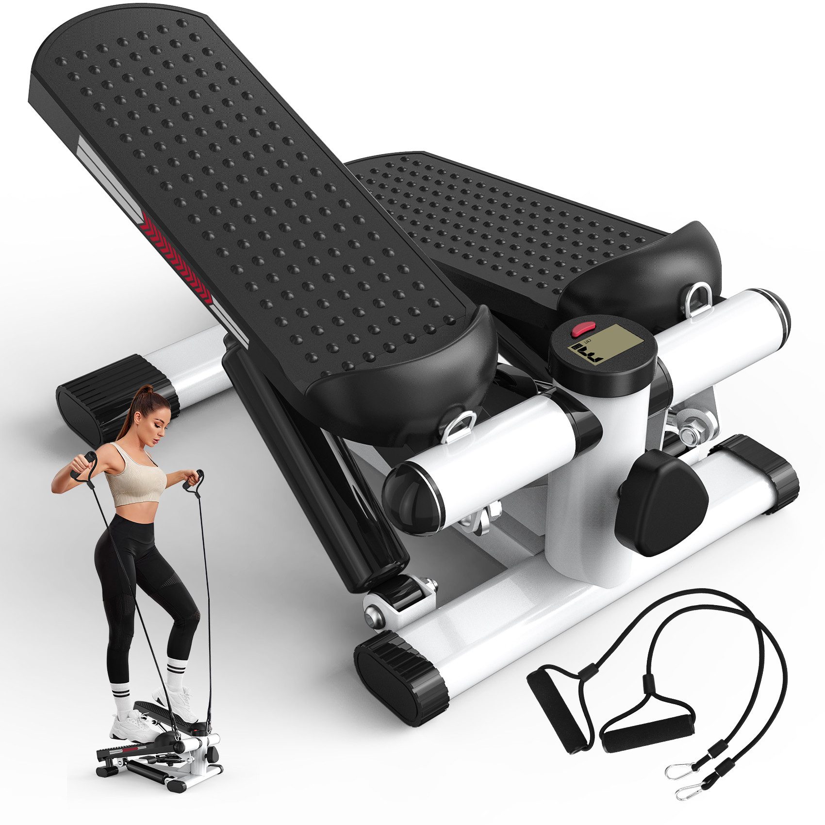 JASPORT Mini-Stepper ST1 2-in-1 Mini Stepper mit Widerstandsband (2-in-1 Up-Down Swing Stepper mit Power Ropes), leise, max. Belastbarkeit 100kg