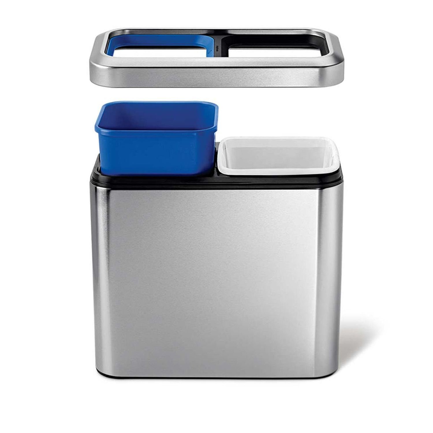Produktbild von Simplehuman 58-Liter Rechteckiger Mülleimer Mit Zwei Fächern – Soft-Close Deckel, Weißer Edelstahl, Für Küche & Recycling