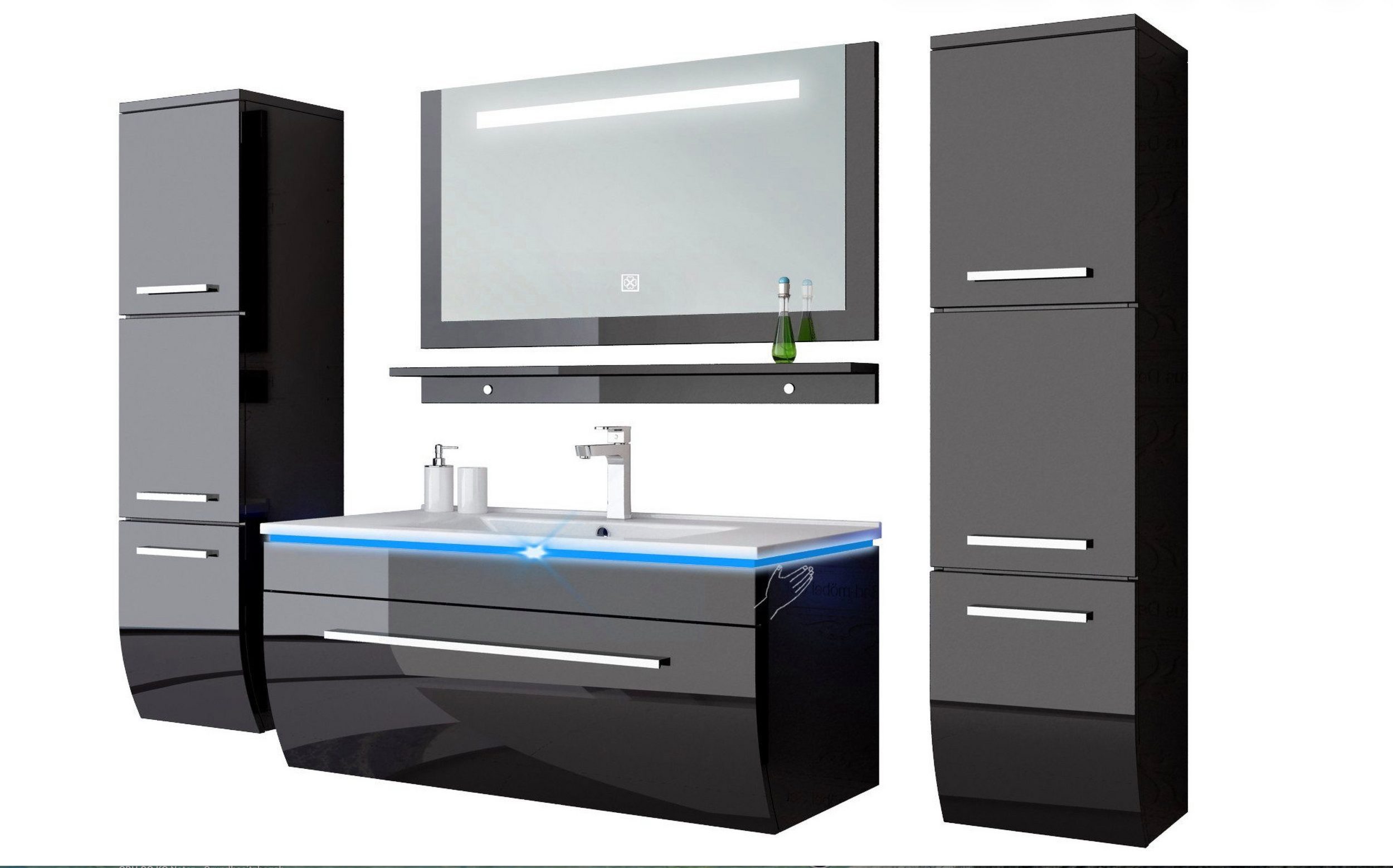 Homeline Badmöbel-Set Badmöbel Set Hochglanz lackiert LED System tauschsystem, (Sparset, 6-St., Set ANgebot ohne Waschtisch Armatur und Ablaufgarnitur), Lackiert Hochglanz LED Fertig montiert Touch system