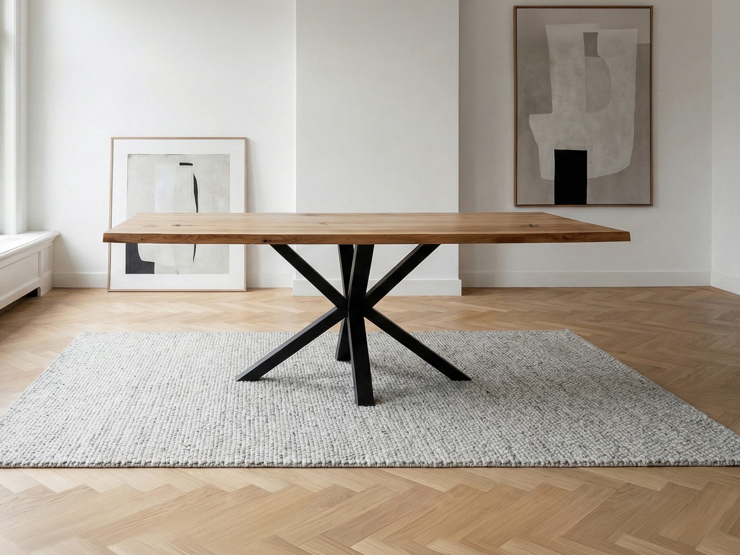 Massivart® Baumkantentisch DAHLIA Wildeiche geölt /massive Baumkanten Optik / 40 mm Tischplatte, Spider‑Gestell schwarz / Industrial Look