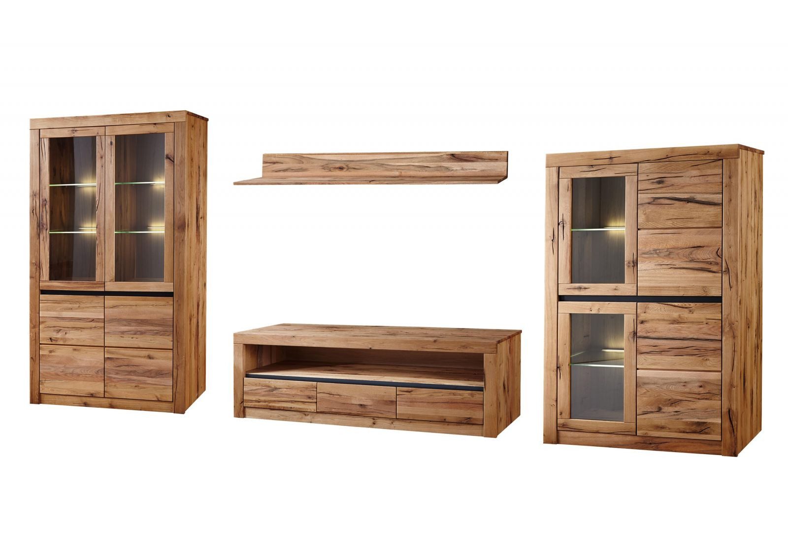 Massivmoebel24 Wohnwand, (Wohnwand Wild-/Zerreiche massiv natur geölt Wuchsrisse MONTREUX #900), Wohnwand Wild-/Zerreiche massiv natur geölt Wuchsrisse MONTREUX #900