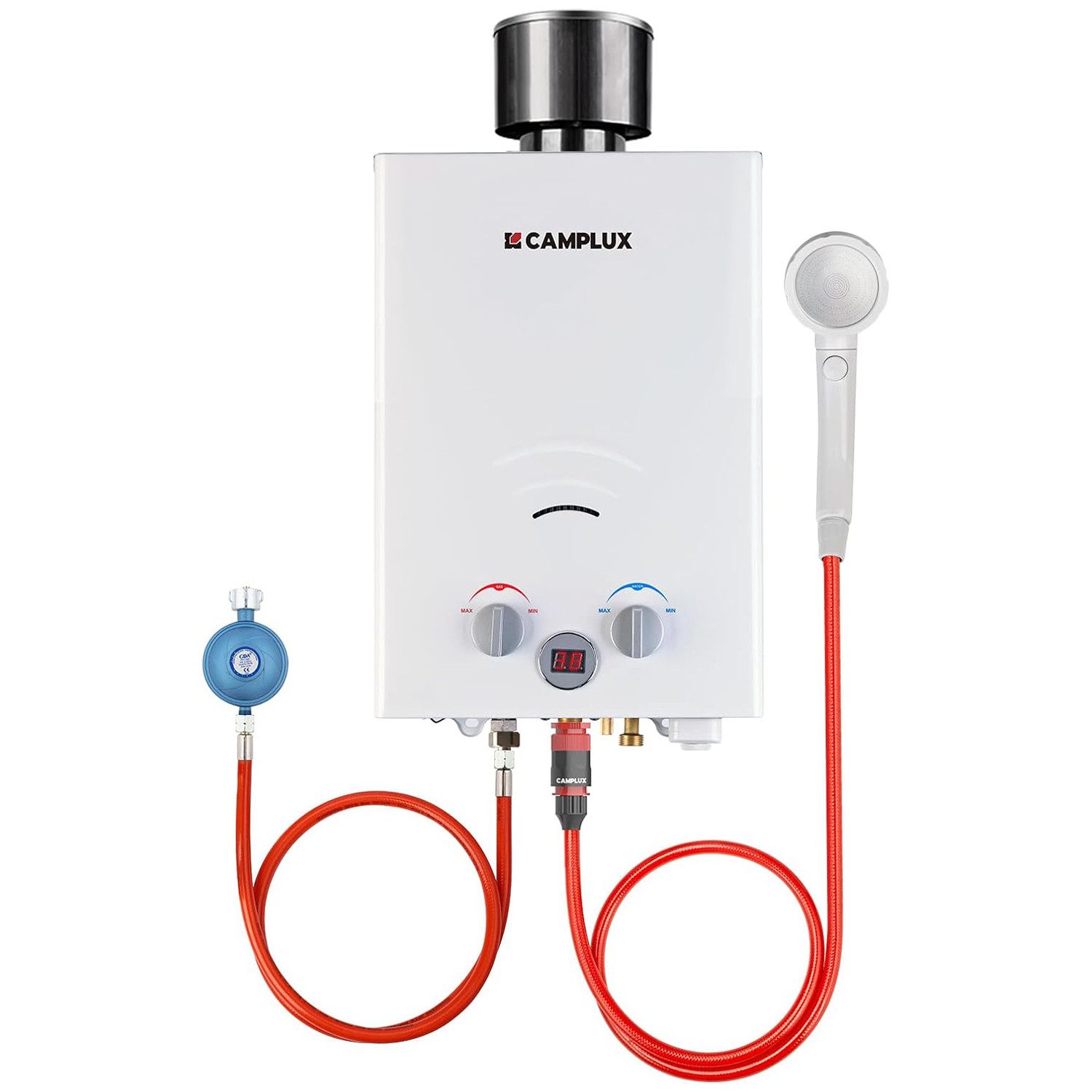 CAMPLUX Durchlauferhitzer Tankless Gasdurchlauferhitzer Campingdusche, min. 20 °C, max. 65 °C, 12 kW LPG Warmwasserbereiter Wasserspeicher Outdoor