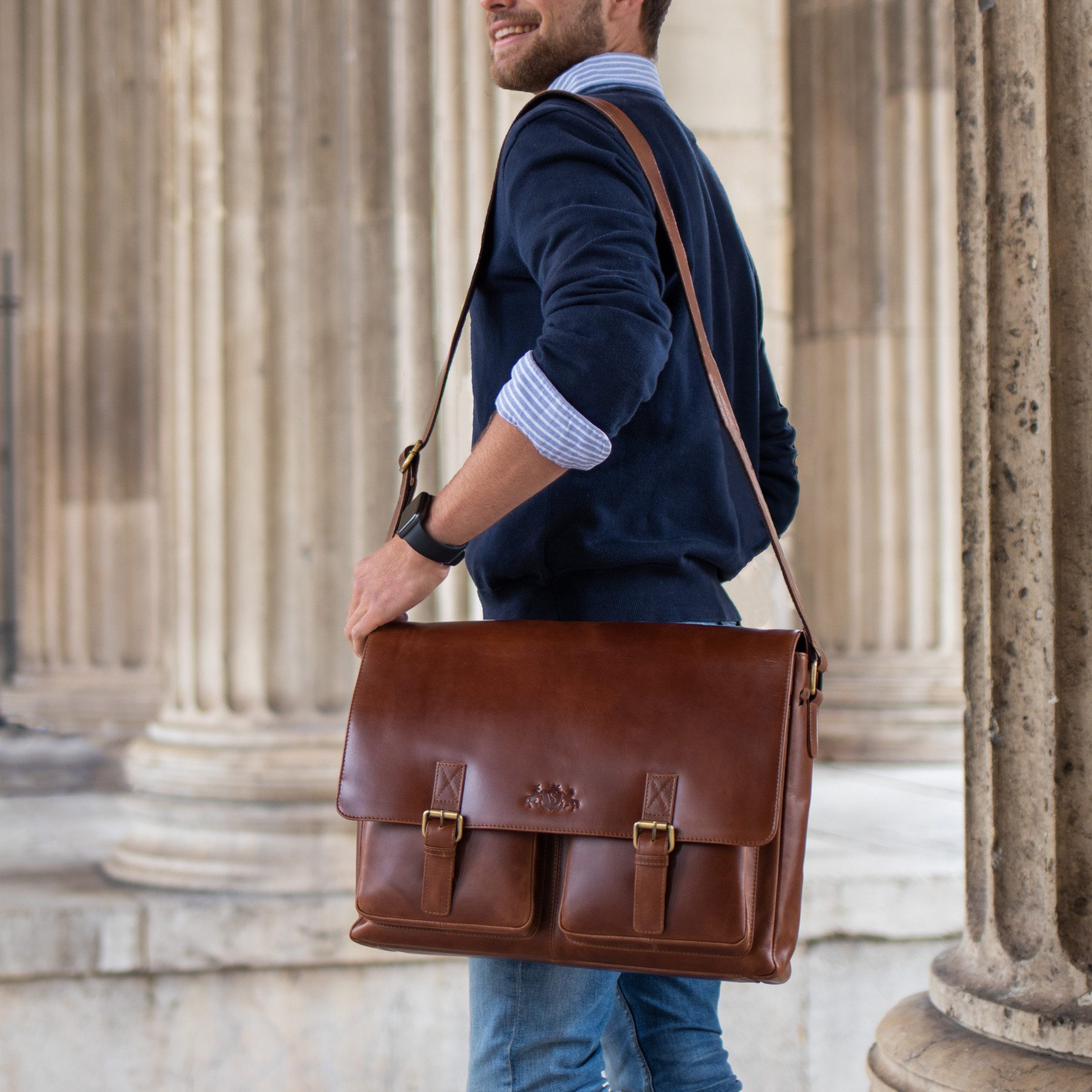 SID & VAIN Messenger Bag echt Leder Aktentasche 15 Zoll Laptop Fach braun, Laptoptasche 15,4 Zoll echt Leder Herren, Umhängetasche hellbraun