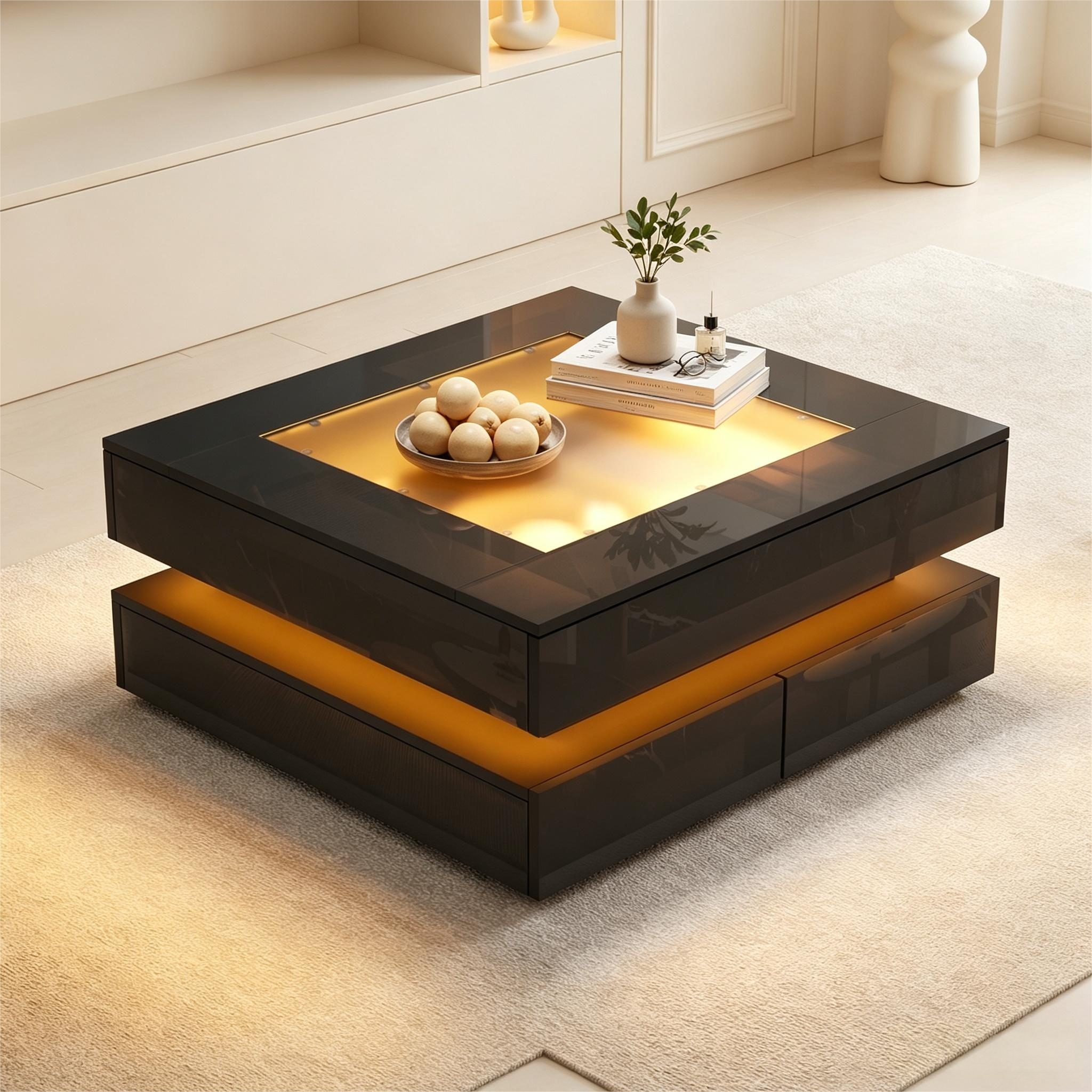 Merax Couchtisch hochglanz Sofatisch Beistelltisch mit LED-Beleuchtung (1-St), Wohnzimmertisch mit Glasplatte und 3 Schubladen, 70x70x35cm