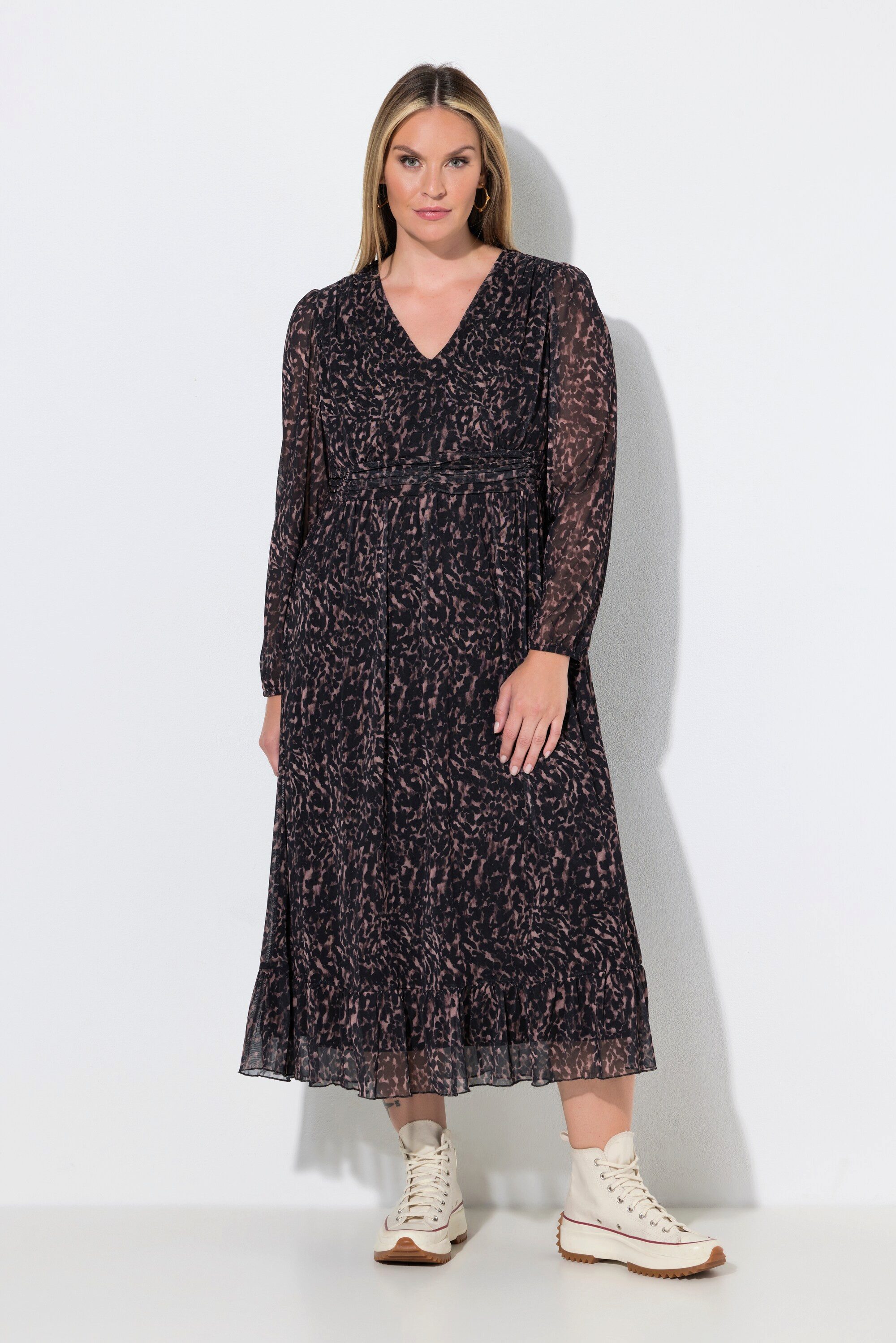MIAMODA Jerseykleid Maxi-Meshkleid A-Linie V-Ausschnitt Saumvolant