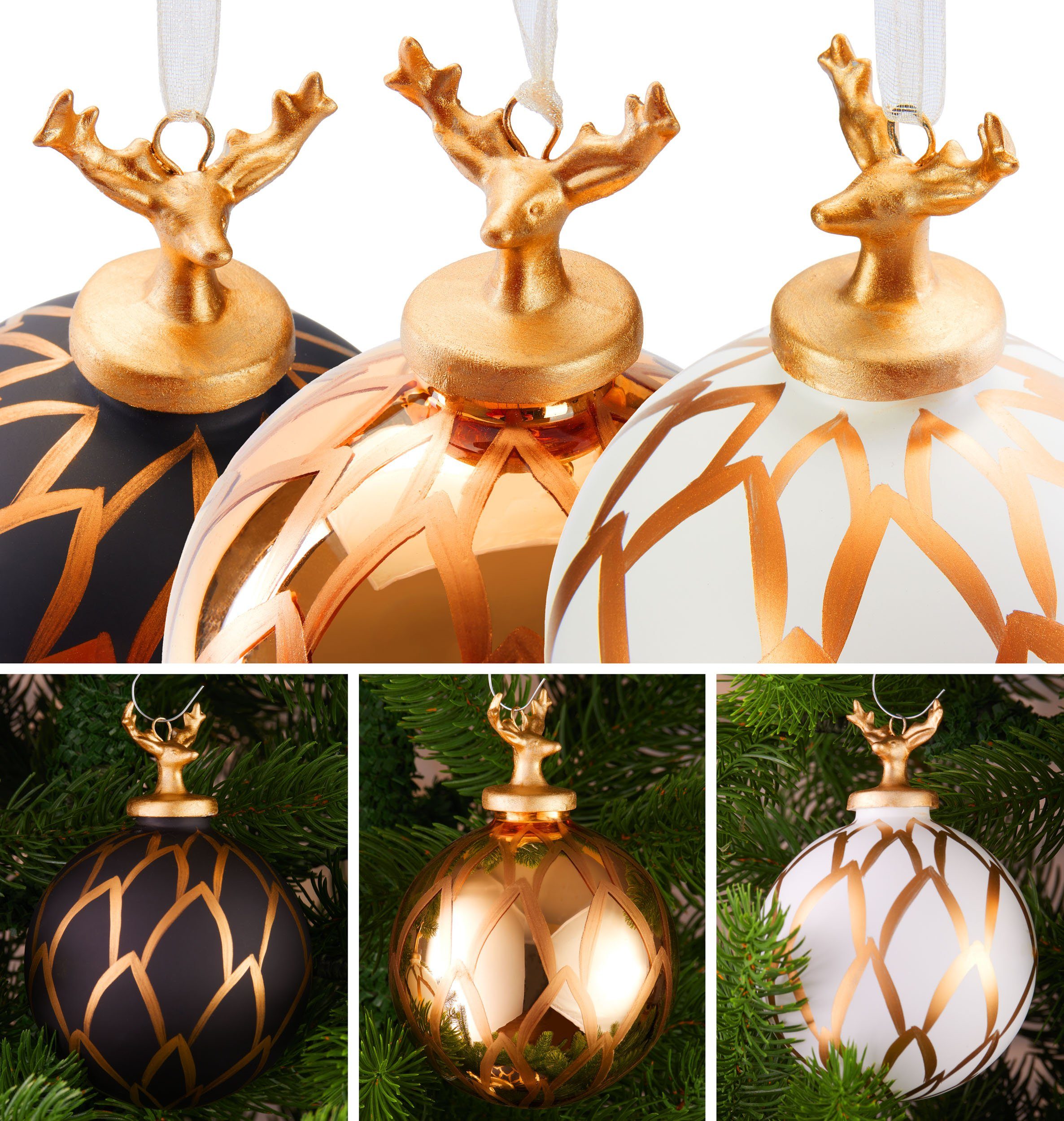 BRUBAKER Weihnachtsbaumkugel 3er Christbaumkugeln Baumkugeln mit 8 Premium Hirschkopf - cm - Weihnachtskugeln aus Set Glas Set Gold Handbemalte Figuren (3 St)