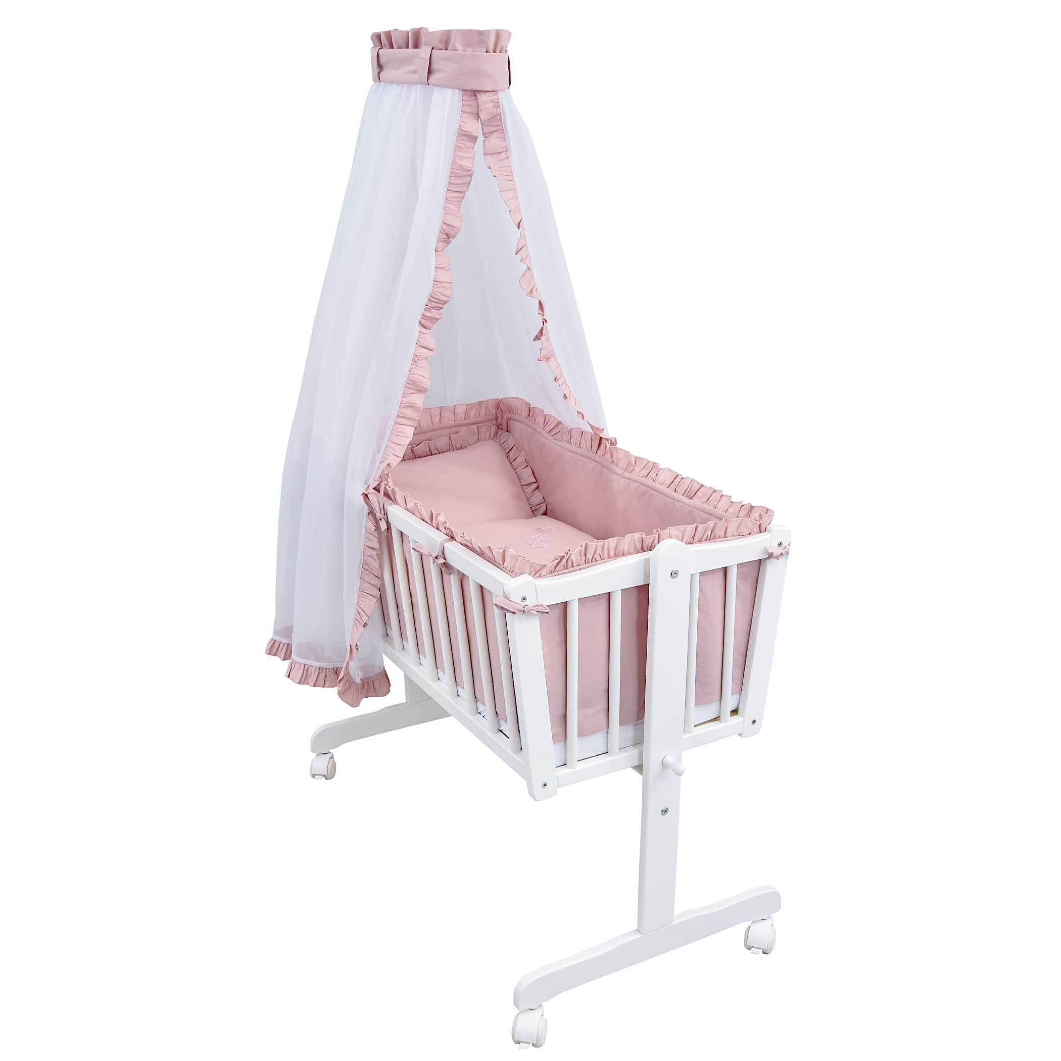 Baby-Delux Stubenbett Babywiege Komplettset Royal Rüsche, Schaukelwiege Weiß 90x40cm Komplett Bettset Wiegenset