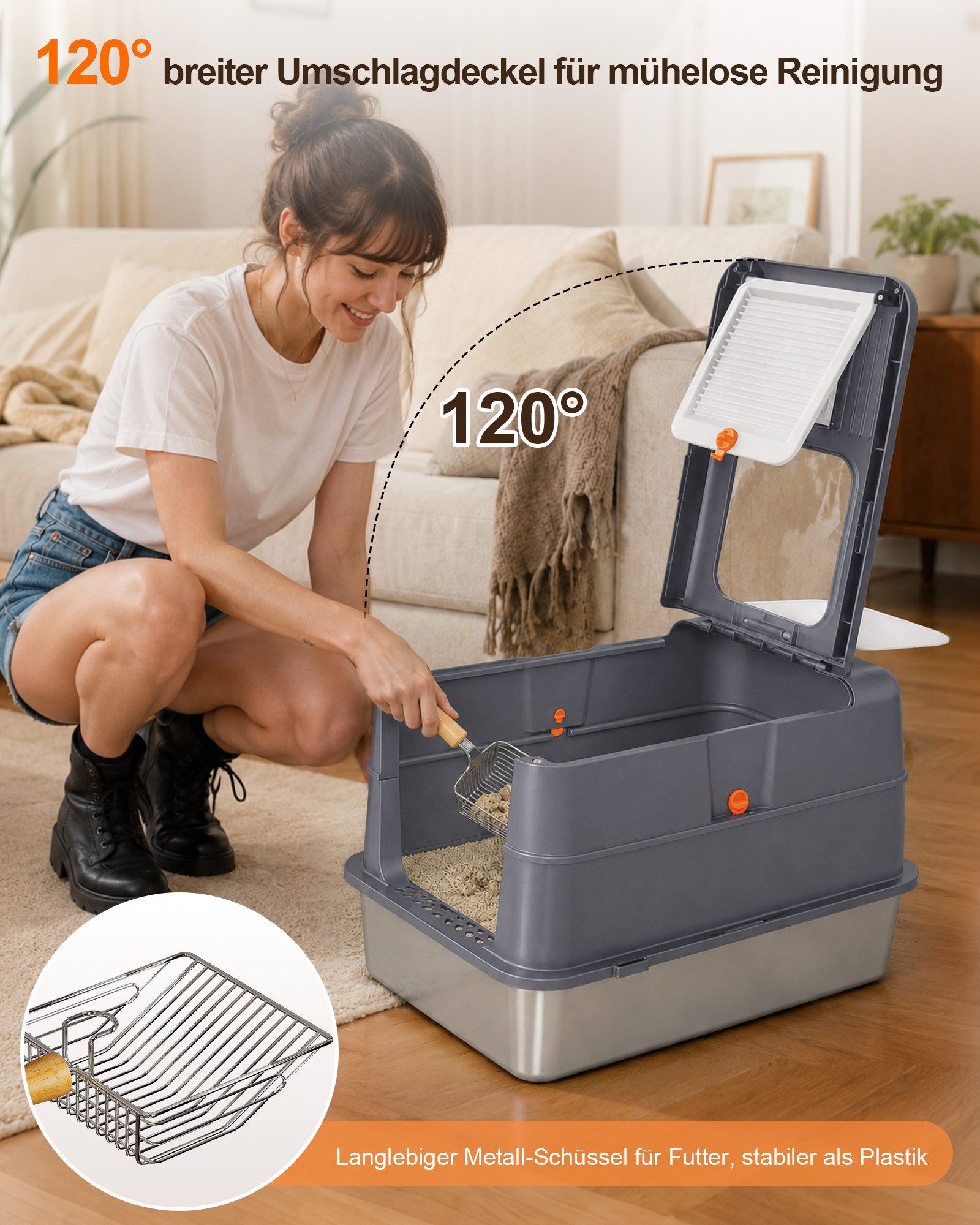 Dogat Katzentoilette Katzenklo Edelstahl Katzentoilette mit Streumatte, Schaufel, Bürste, XXL 58x37x39cm mit Deckel Anti-Geruch & Anti-Leck