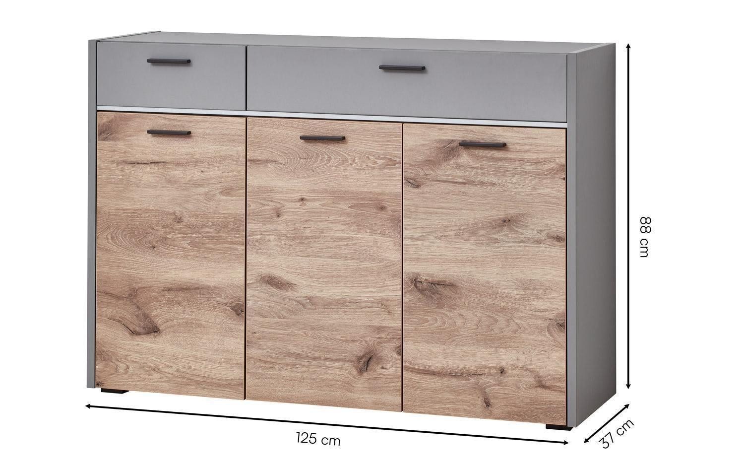 Vito Kommode SERATA, Hellgrau, Nox Eiche Dekor, 3 Türen, 2 Schubladen, mit LED-Frontbeleuchtung, B 125 x H 88 x T 37 cm