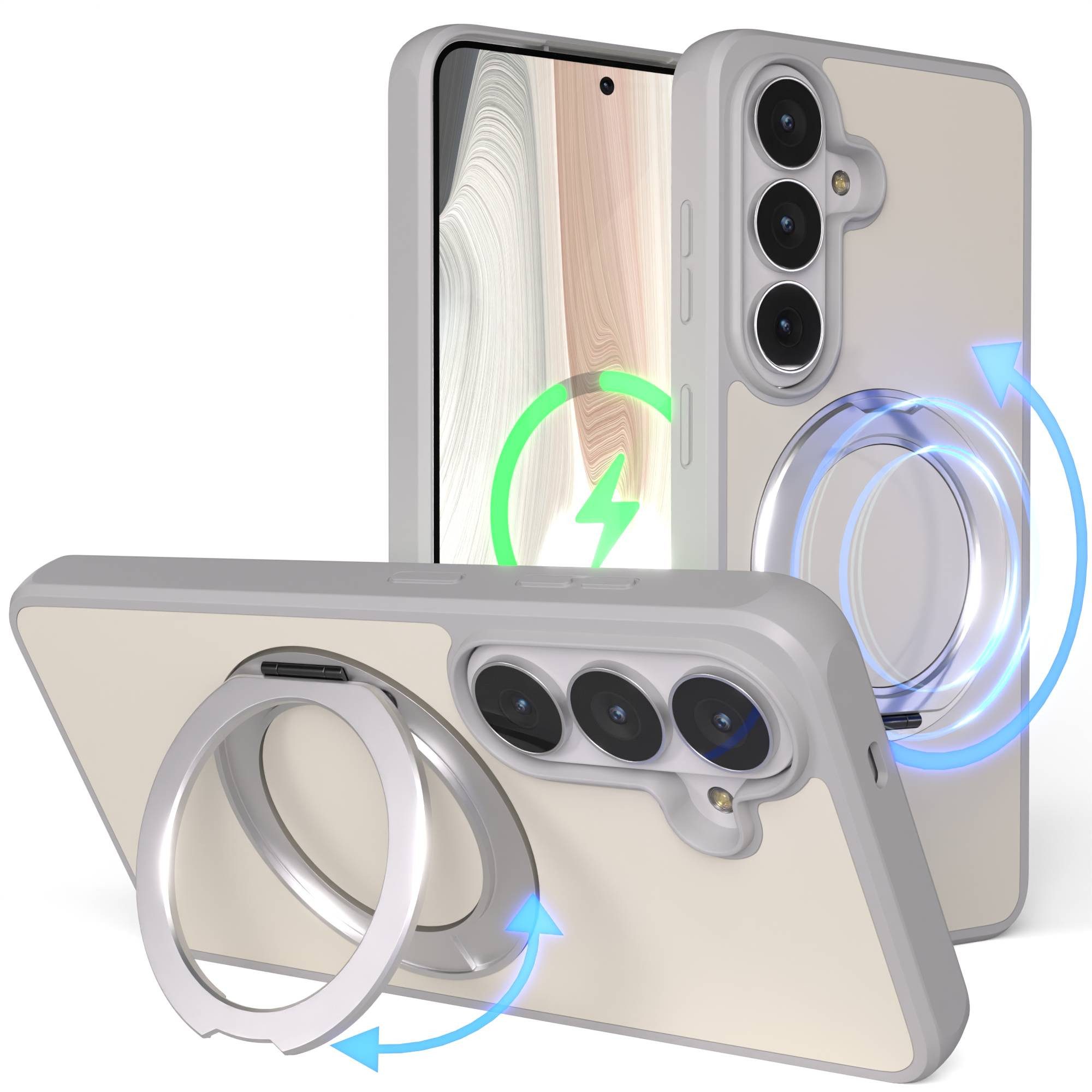 EAZY CASE Handyhülle Outdoor Galaxy S26 Case mit MagSafe Rotation Ring 6,3 Zoll, Moderne aufstellbare Handyhülle stoßfest Bumpercase kratzfest in Grau