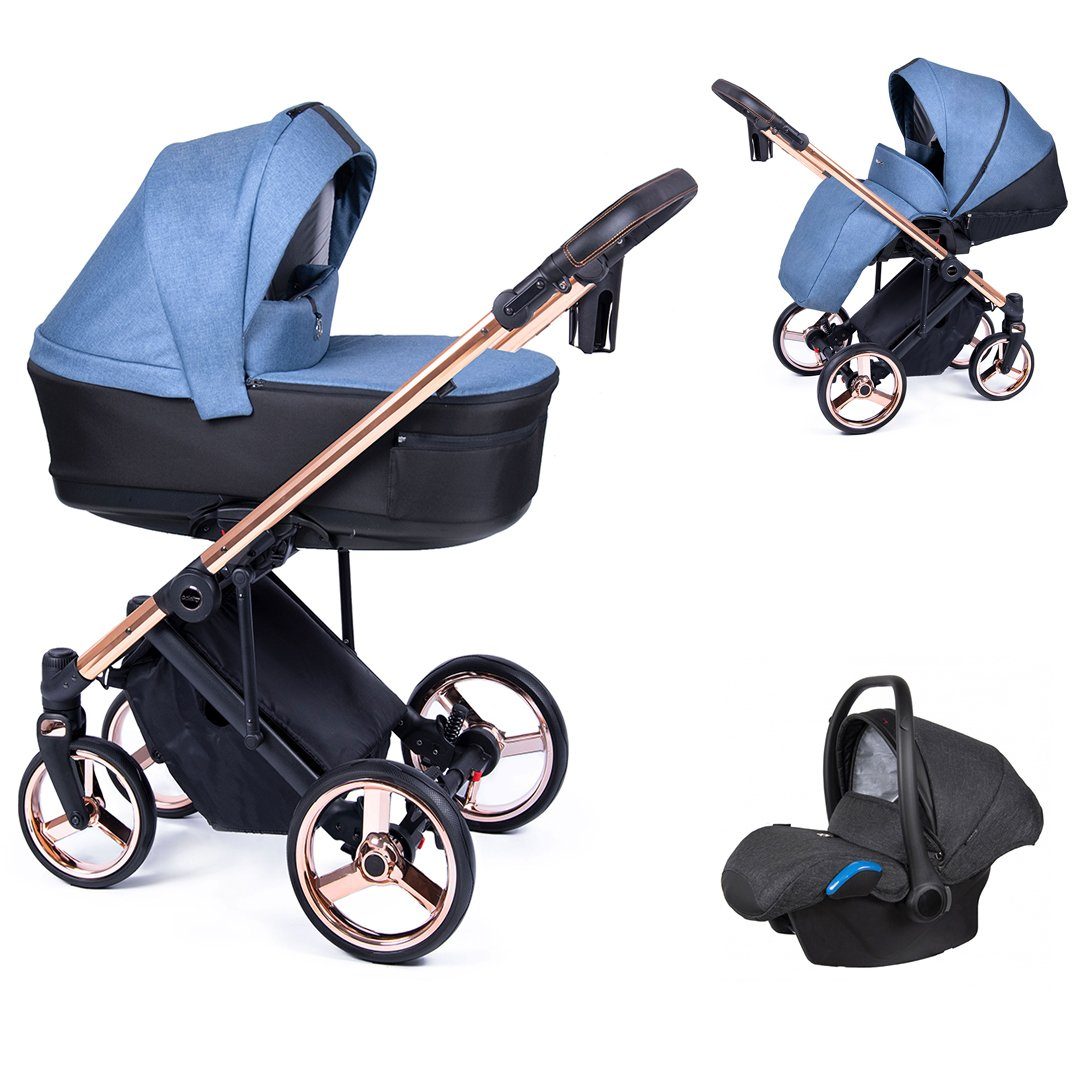 babies-on-wheels Kombi-Kinderwagen 3 in 1 Kinderwagen-Set Fado - 15 Teile - in 24 Designs Blau = Gestell gold