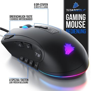 Titanwolf Gaming-Maus (kabelgebunden, 500 dpi, Gaming Mouse mit 24000 dpi & Gewichtstuning, 12 Tasten. Avago Sensor)