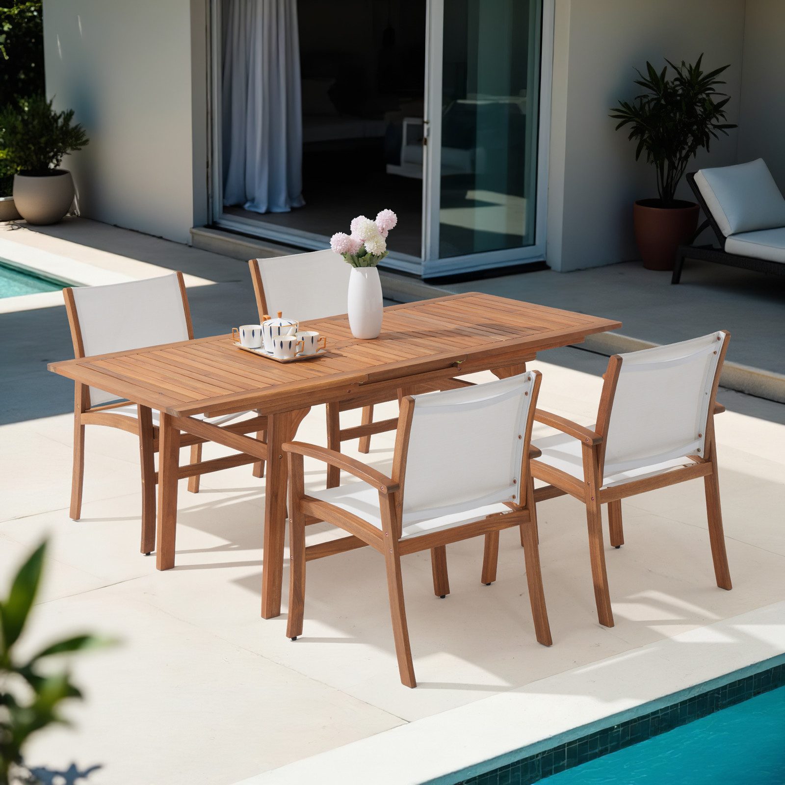 JOIVI Garten-Essgruppe Gartengarnitur mit 4 Stühle, (Akazienholz Esstisch-Set für 3–4 Personen, Ausziehbarer Gartentisch mit Stühlen), für Garten & Terrasse,Weiß