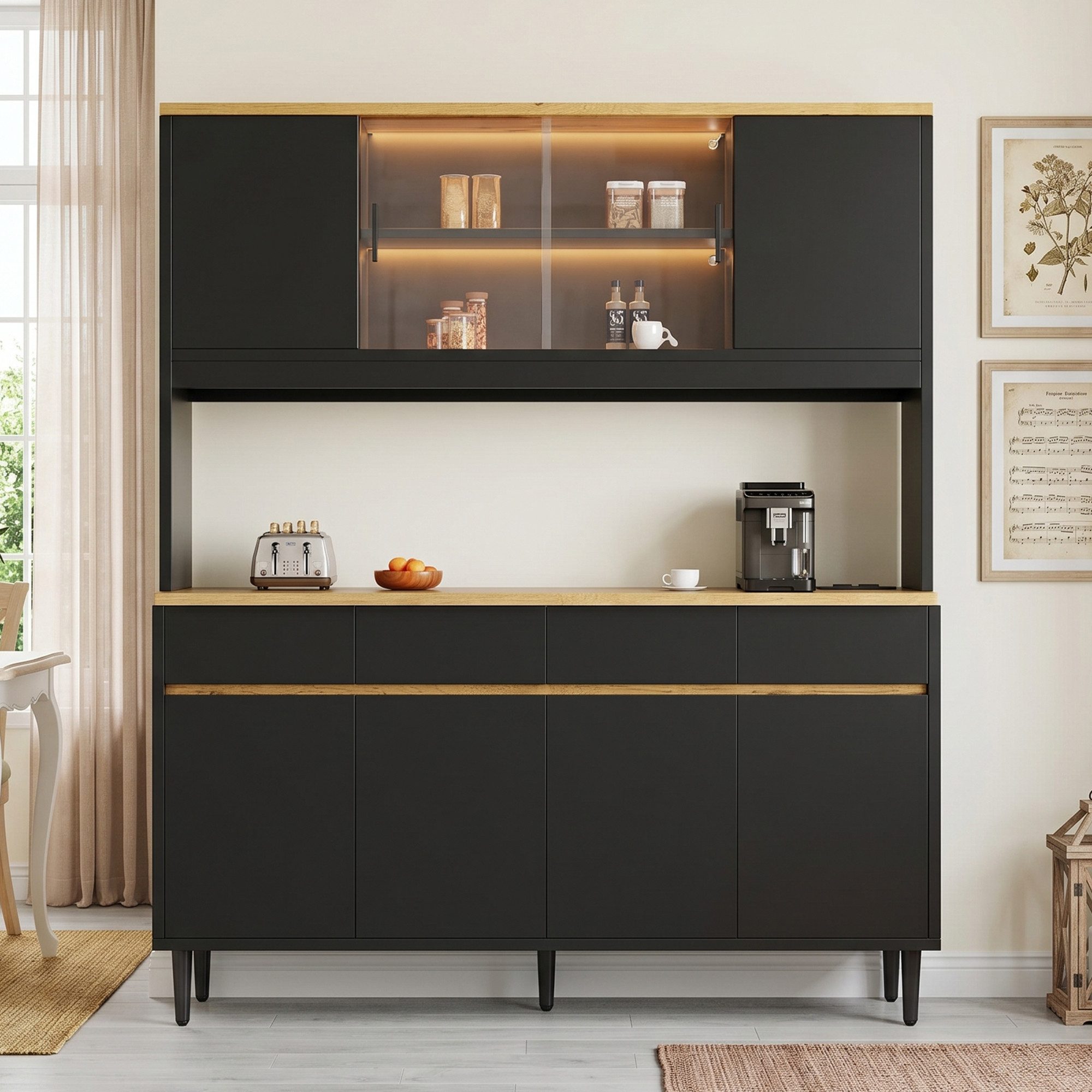Ulife Hochschrank mit farbigem Lichtstreifen und mehrstufigem Stauraum, 160×40×185 cm (1-St) Buffetschrank mit Steckdose + USB-C/USB-A