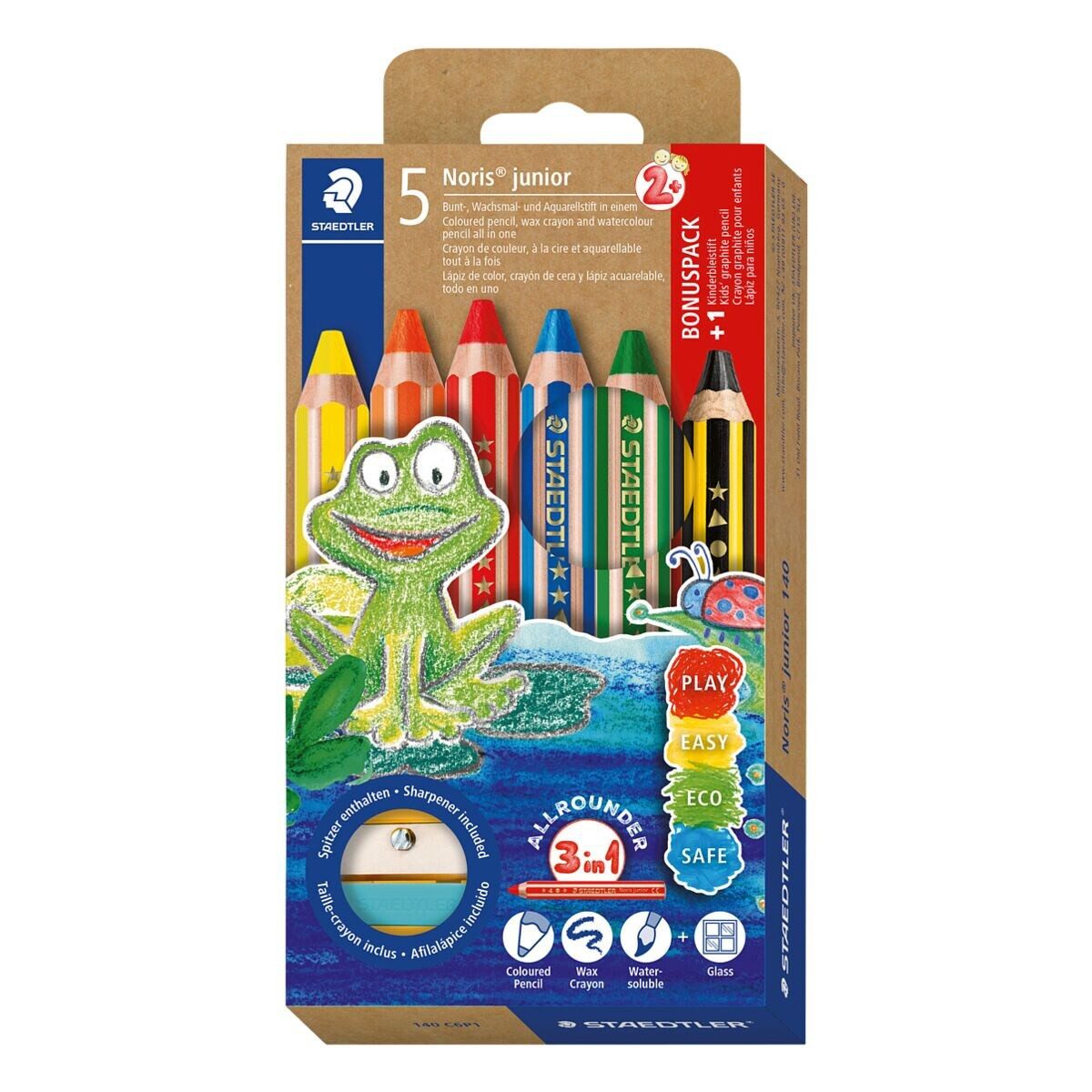 STAEDTLER Buntstift Noris® junior, (6-tlg), 3in1, inkl. Bleistift & Anspitzer