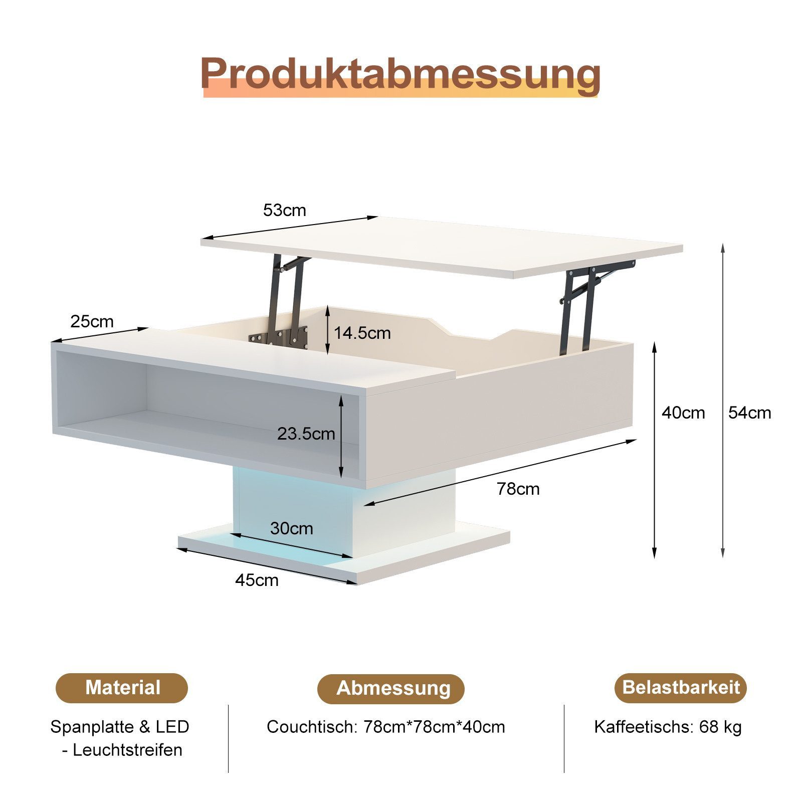 radelldar Couchtisch mit LED Beleuchtung, höhenverstellbar, matt 78x78x40cm (1-St), Wohnzimmertisch mit Stauraum