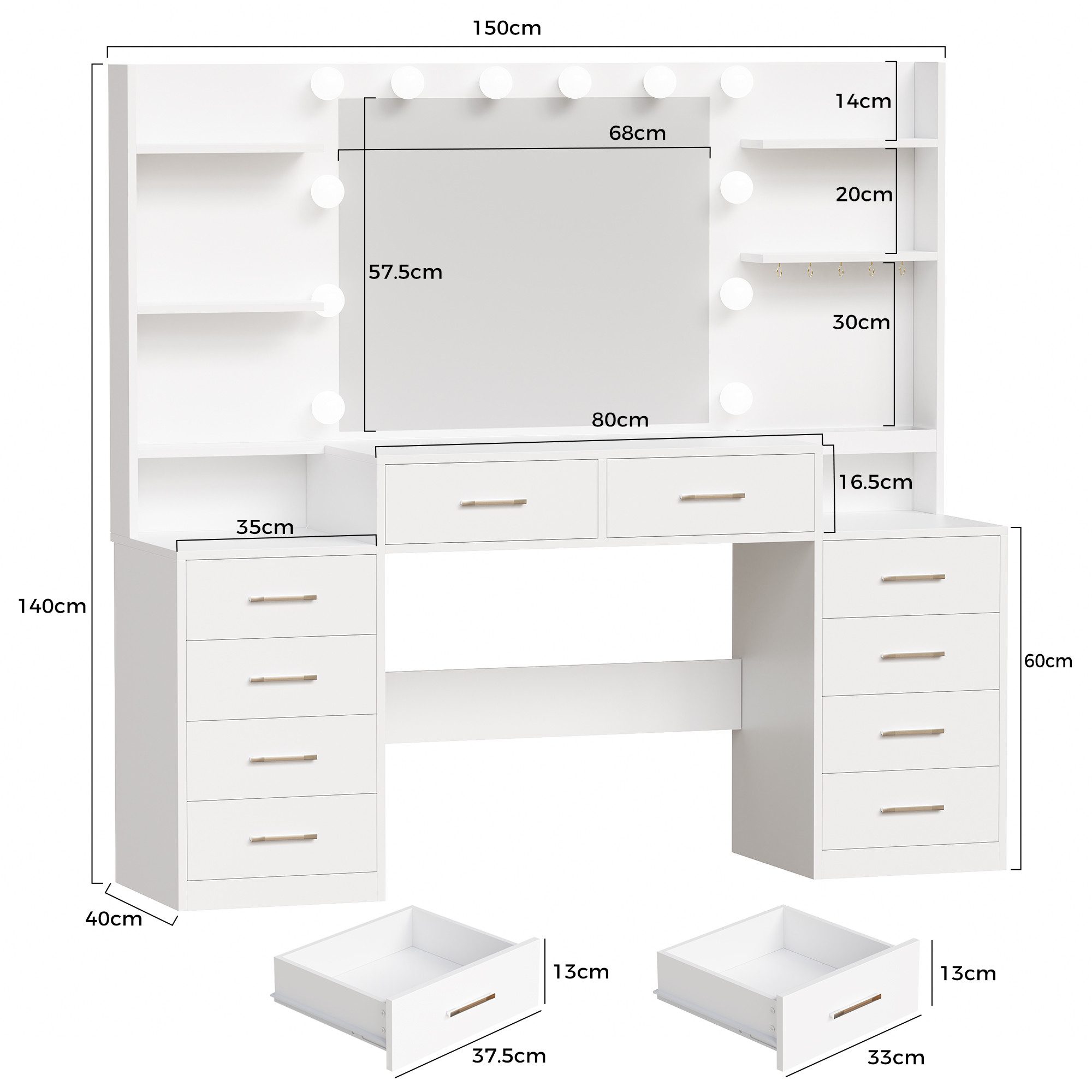 BEWISHOME Schminktisch Schminktisch mit Spiegel, LED-Beleuchtung und Ladestation (1-St), 10 Schubladen für optimale Aufbewahrung