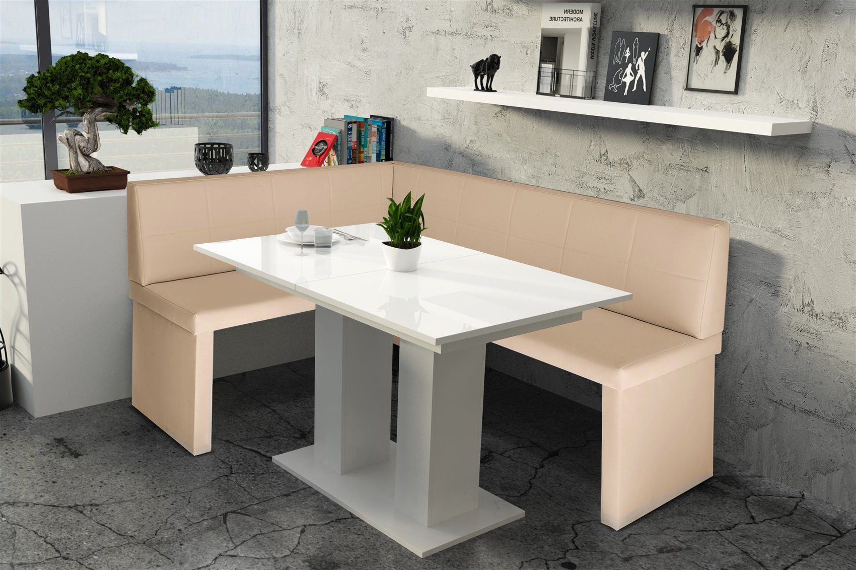 Fun Möbel Eckbankgruppe Eckbankgruppe „Robin XL“ Kunstleder 196x142cm mit Tisch Weiß Hochglanz, ausziehbarer Tisch