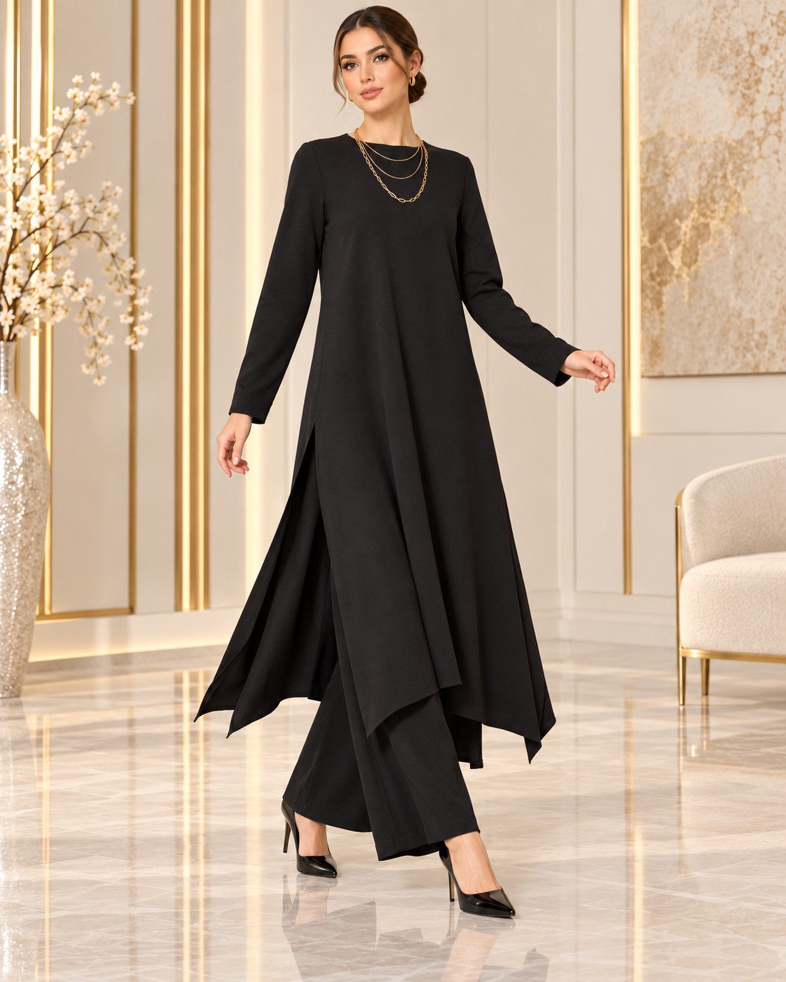 fashionshowcase Longtunika Damen Zweiteiler Set - Tunika & Palazzo-Hose Modest Fashion (SET, Zweiteiler) leichte und luftige Beschaffenheit – Bild 2 von 5