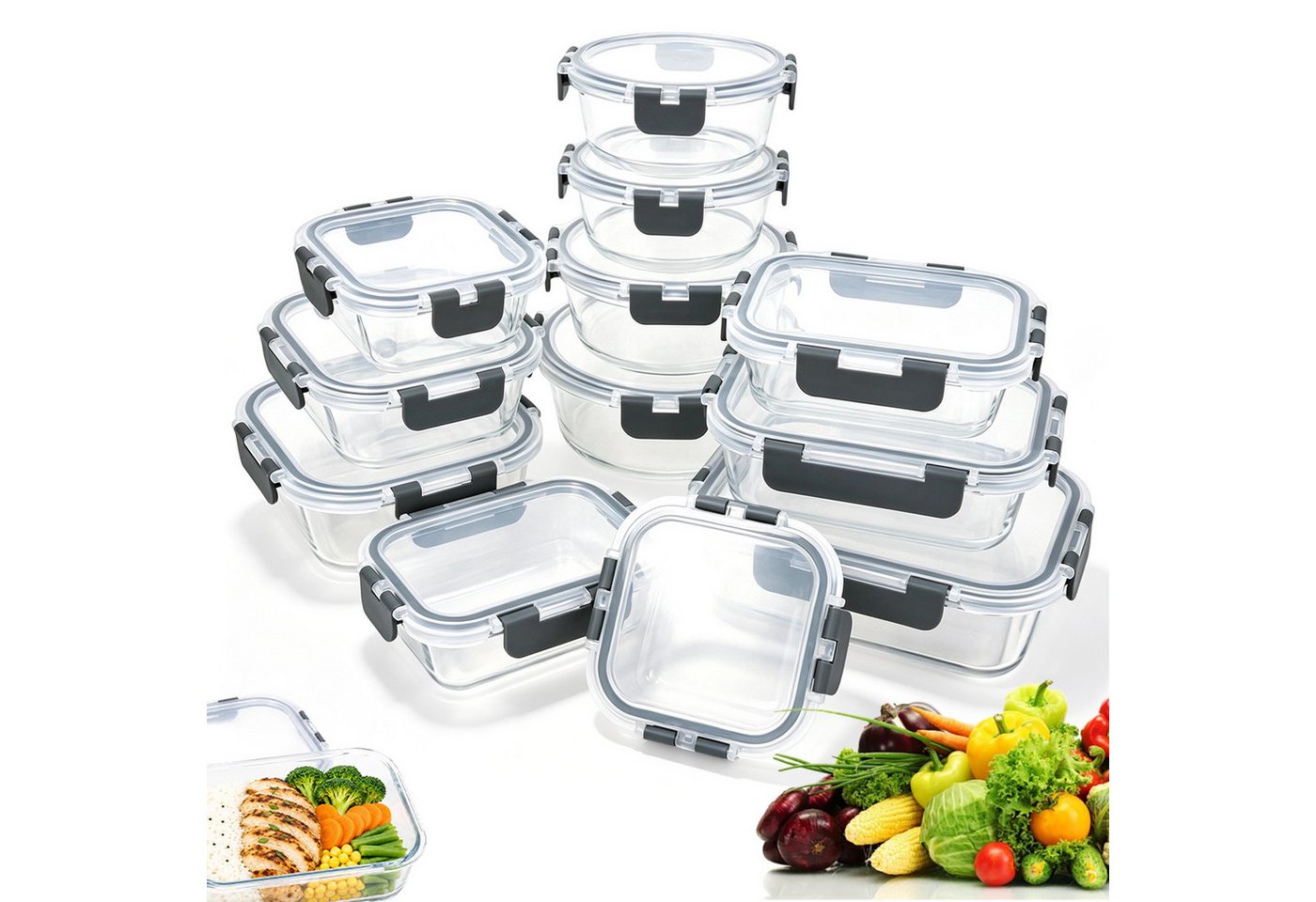 AKKEE Frischhaltedose 12-Teiliges Glasbehälter-Set Mit Deckel - Borosilikatglas mit Deckel, (12-tlg), glasdosen mit deckel set, glas tupper mit deckel, glass food container