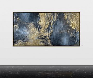 YS-Art Gemälde Spiegelungen II, Leinwandbild Abstrakt in Blau und Gold mit Rahmen