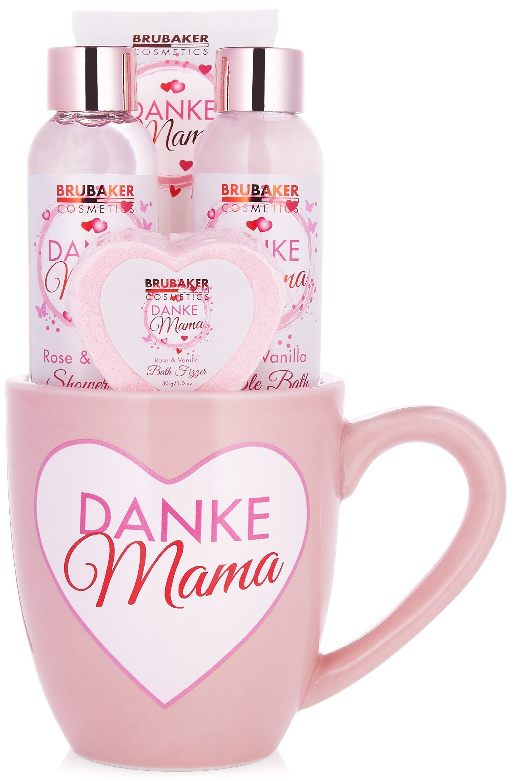 BRUBAKER Pflege-Geschenkset Dusch Set "Danke Mama" mit Rosen Vanille Duft, Badeset Geschenk, 5-tlg., Muttertagsgeschenk Tasse, Geschenkset in Becher, Pflegeset
