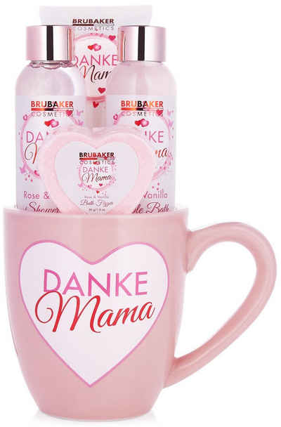 BRUBAKER Hautreinigungs-Set Bade- und Dusch Set "Danke Mama", 5-tlg., Muttertagsgeschenk Tasse, Geschenkset in Becher, Pflegeset mit Rosen Vanille Duft, Badeset Geschenk für Mama