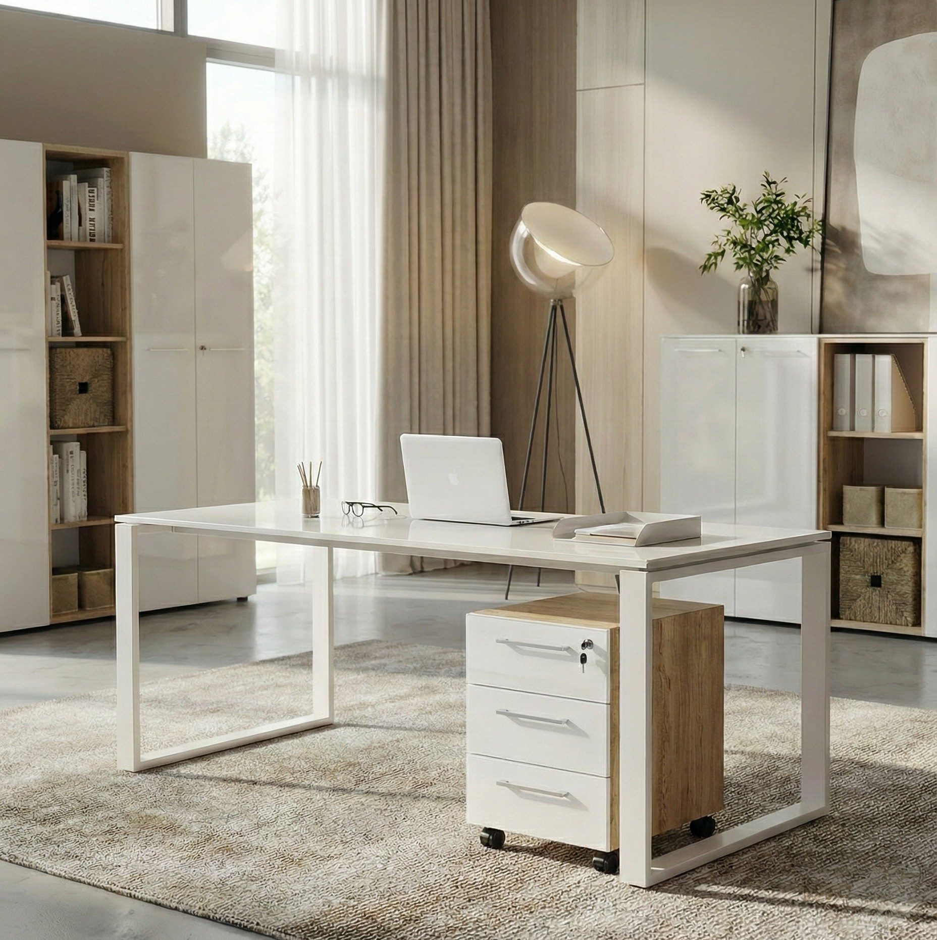 KADIMA DESIGN Büromöbel-Set Schreibtisch-Set MUENCHEN 160x80 cm Glasplatte, Container Abschließbar, (ABS-Kanten, Arbeitszimmer Made in Germany, Home Office, Styroporfrei), Workstation, Soft-Close, Made in Germany, Büromöbel Modern, Tisch Büro