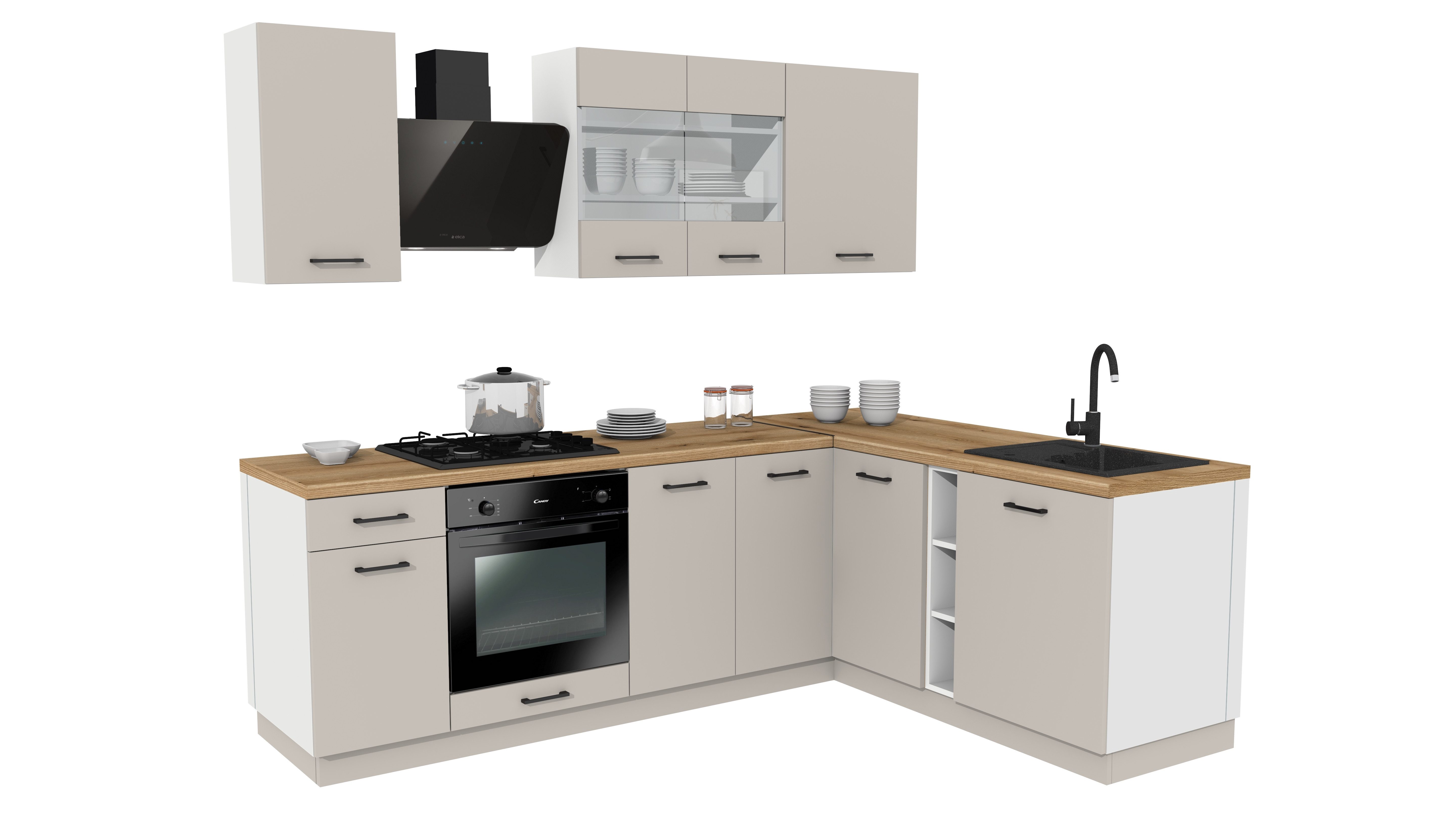 ROYAL24_MARKT Winkelküche - SIMPLY Z1 - Kaschmir / Weiß, (Komplett Set), Zeitlos - Exklusiv - Top Qualität