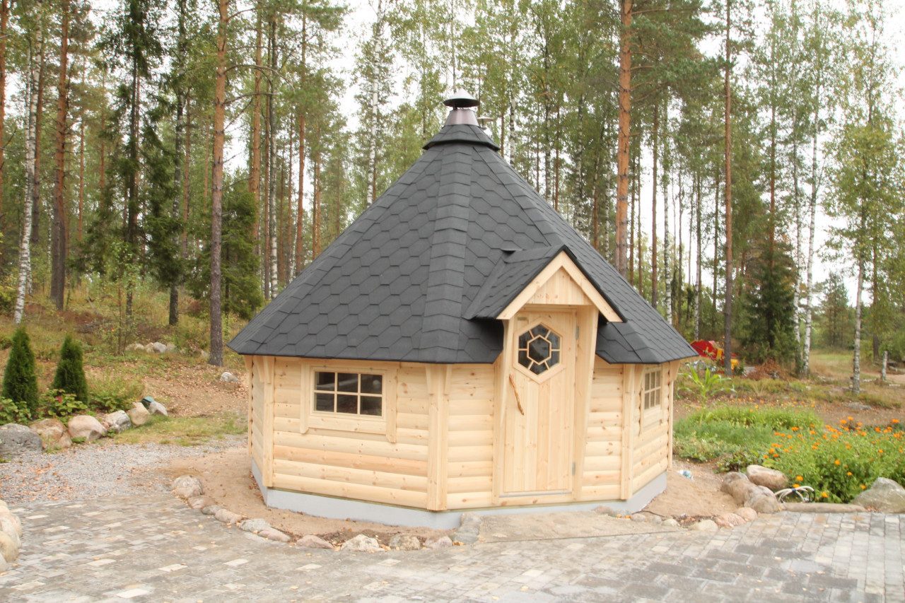 Finn Art Blockhaus Grillkota Grillpavillon 8-eckig Deluxe 12 max. 15 Personen, BxT: 390x390 cm, Schindeln schwarz, mit Grillanlage
