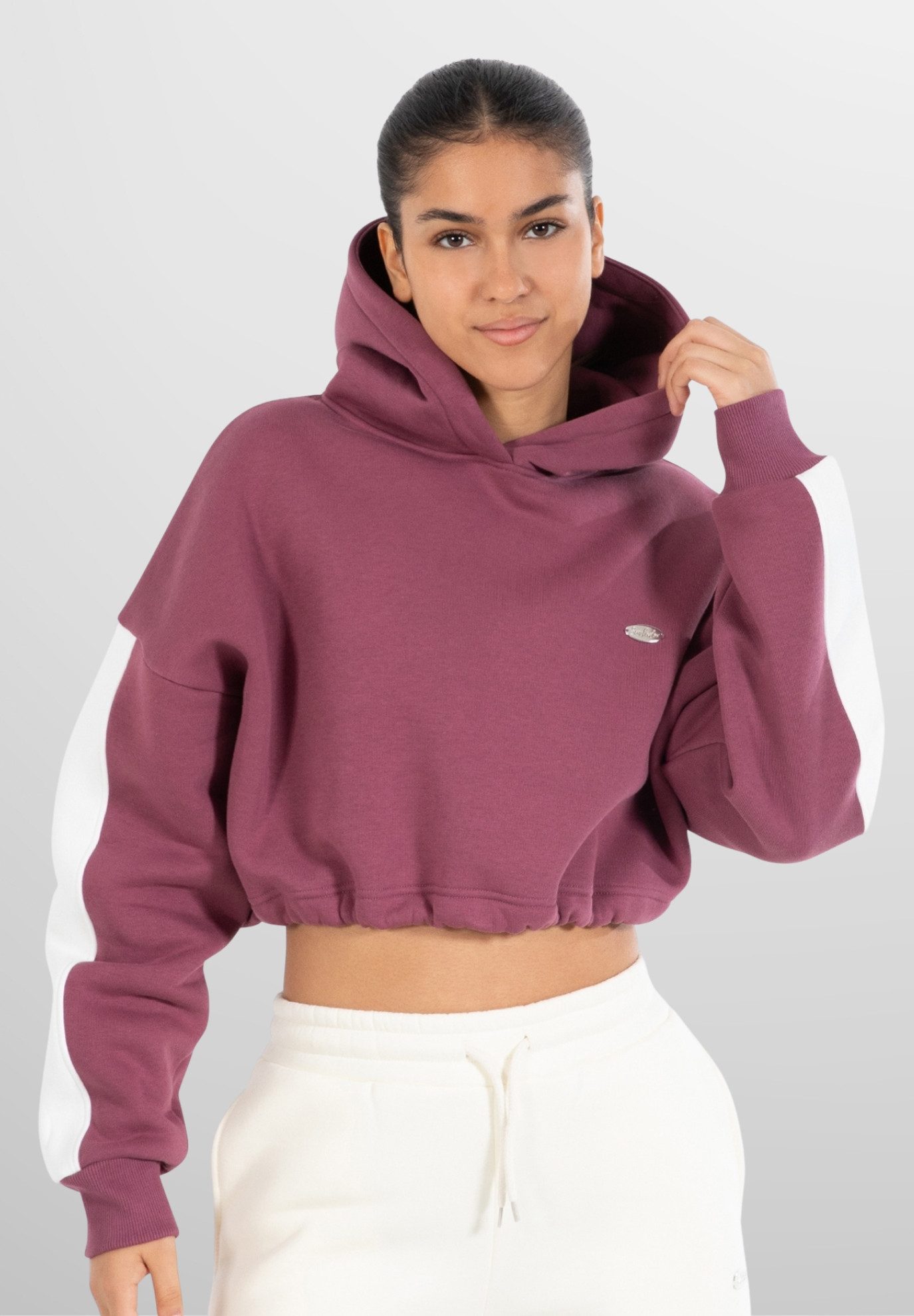 Smilodox Hoodie Amaya, Oversize Fit Crop Pullover Langarm, weicher Baumwollstoff Oversize, Relaxed Cropped Kapuzenpullover Metallabel Bauchfrei Alltag Sport