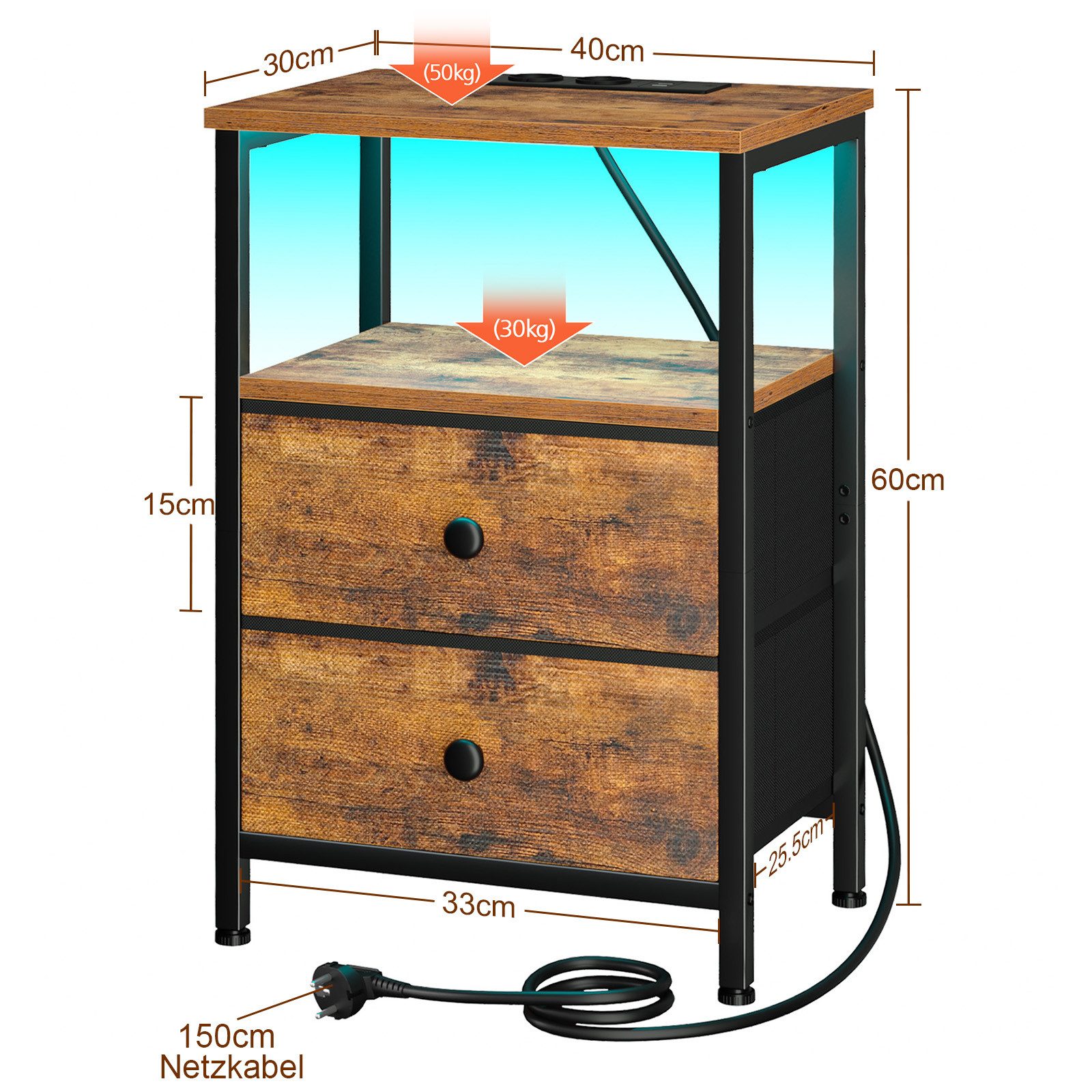 AMHANCIBLE Nachttisch 2er-Set mit integrierter Ladestation, LED-Beleuchtung & 2 Schubladen (2-St), multifunktionaler Beistelltisch mit offenem Fach, 40x30x60cm