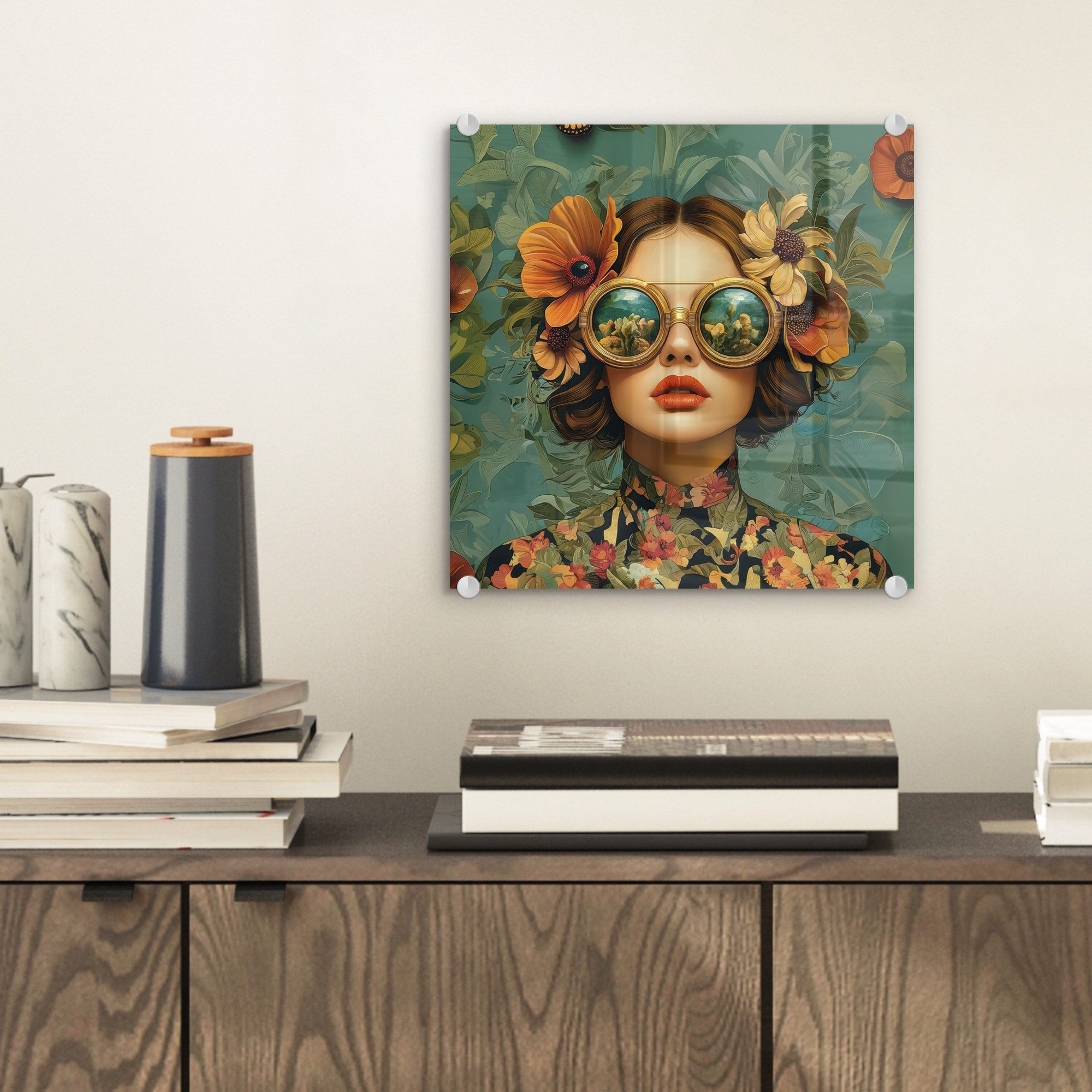 MuchoWow Acrylglasbild Frau - Blumen - Schmetterlinge - Natur - Vintage, In günstig online kaufen