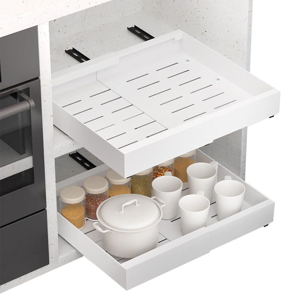 Diwzbyn Teleskopauszug Teleskopschublade, Küchenschrank Verstellbare Breite, Metall Schrank Organizer Ausziehbar Kein Bohren, 32-52x42x7.5cm