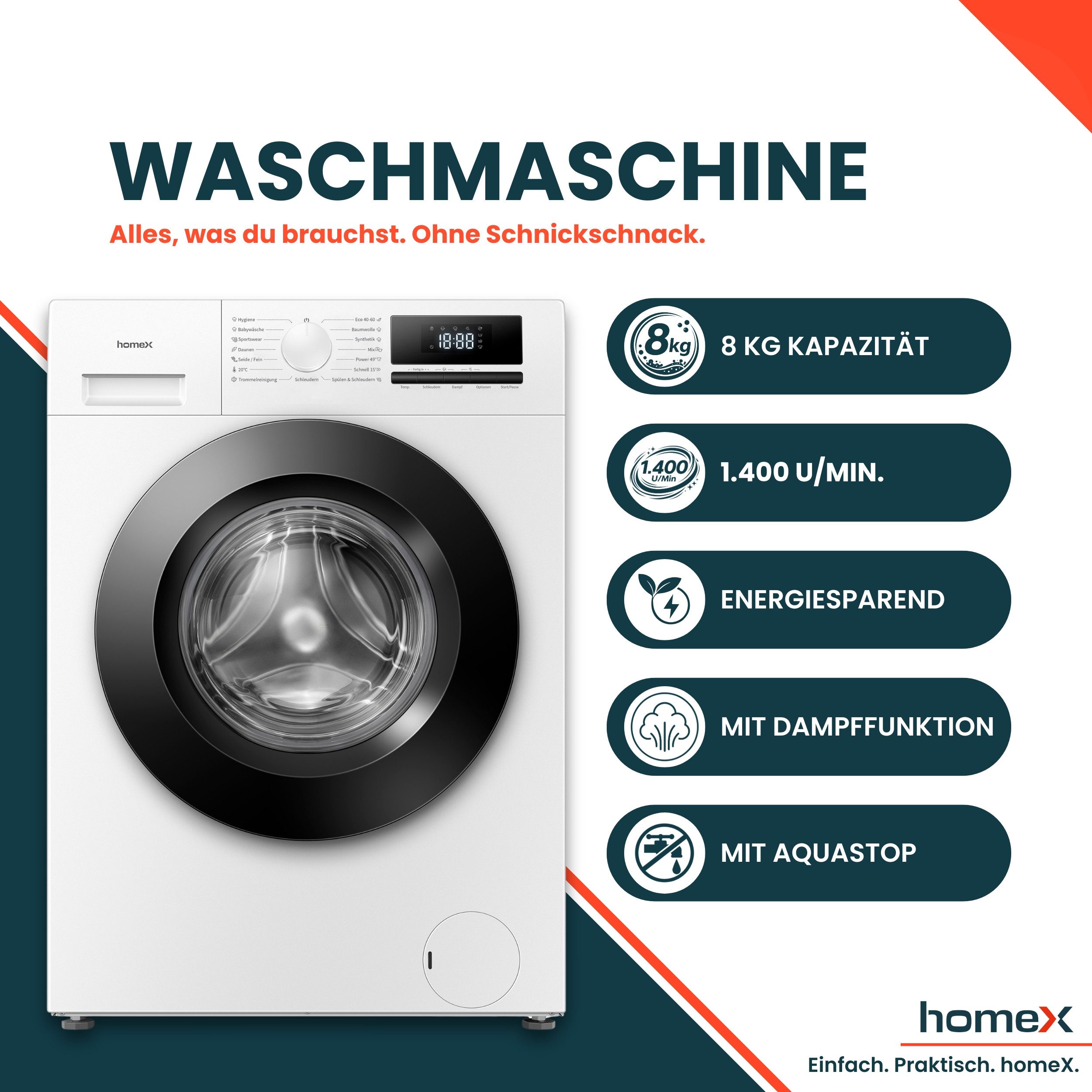 homeX Waschmaschine WF814H1A-W, 8 kg, 1400 U/min, Frontlader 8kg, Dampffunktion, AquaStop, Inverter Motor, EEK A -20%