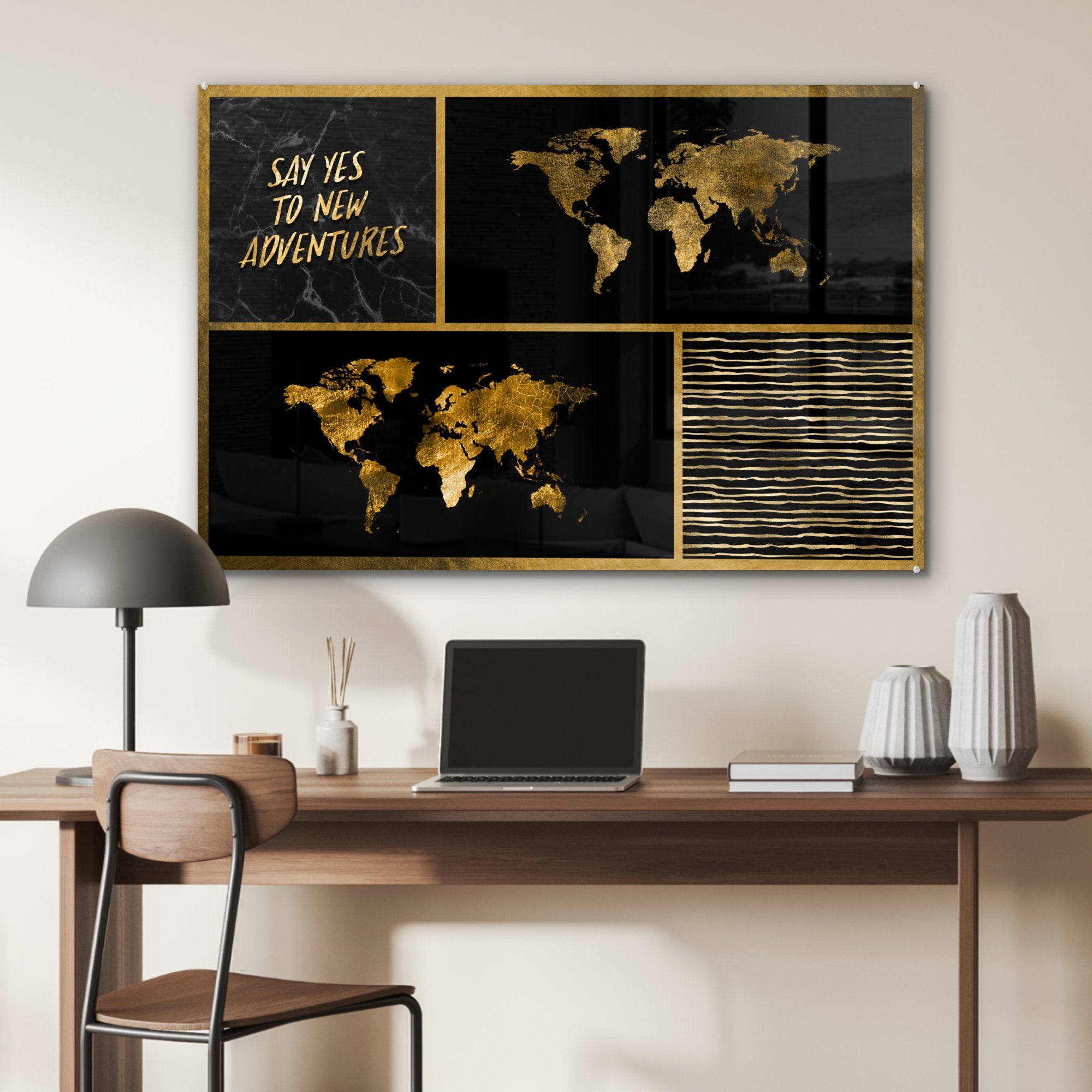 MuchoWow Acrylglasbild Weltkarte - Collage Gold, Sprichwörter - Wohnzimmer (1 St), - & Acrylglasbilder Schlafzimmer