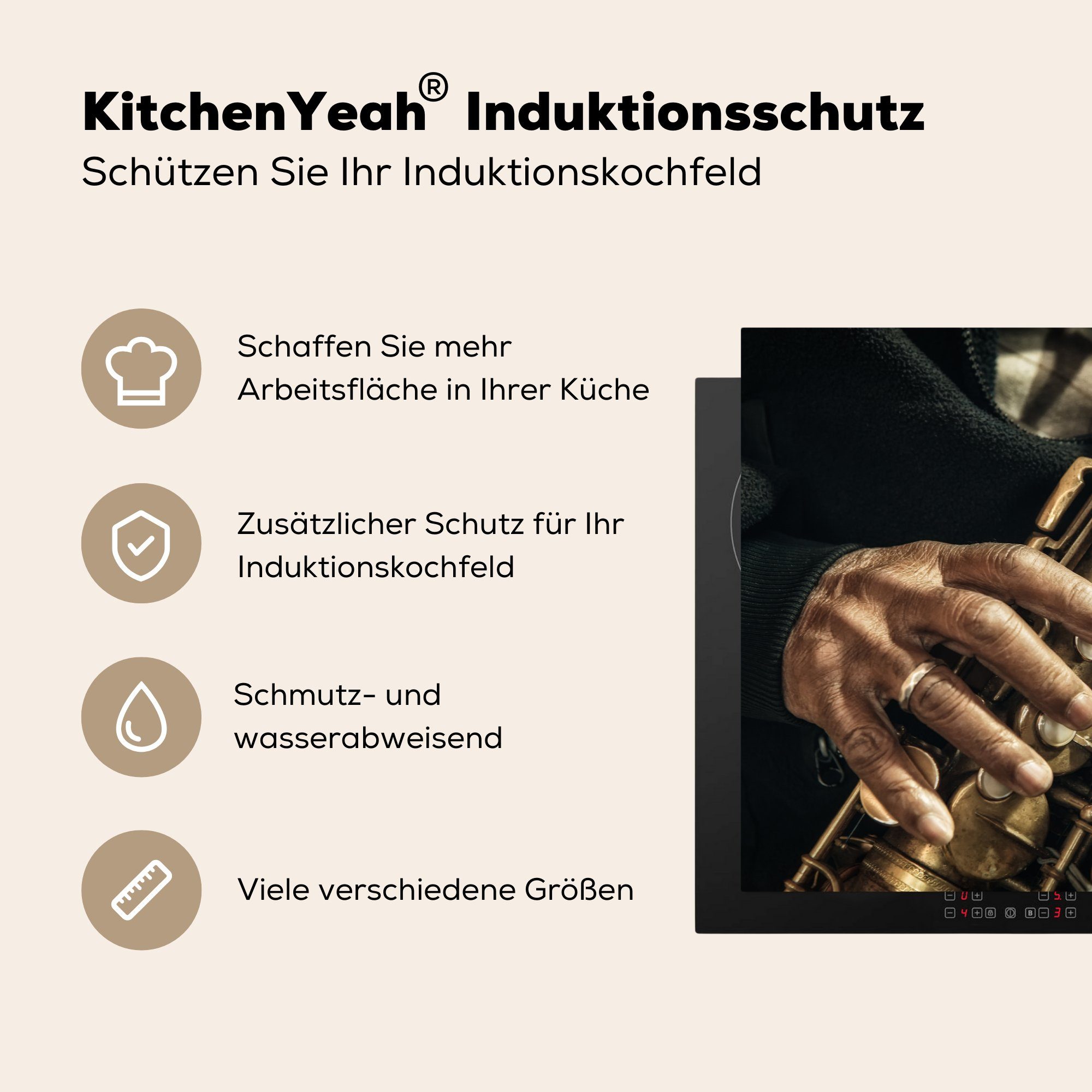 (1 Vinyl, Induktionskochfeld für Schutz Herdblende-/Abdeckplatte Saxophon, 81x52 auf tlg), MuchoWow einem küche, Hand Ceranfeldabdeckung cm, einer die Nahaufnahme
