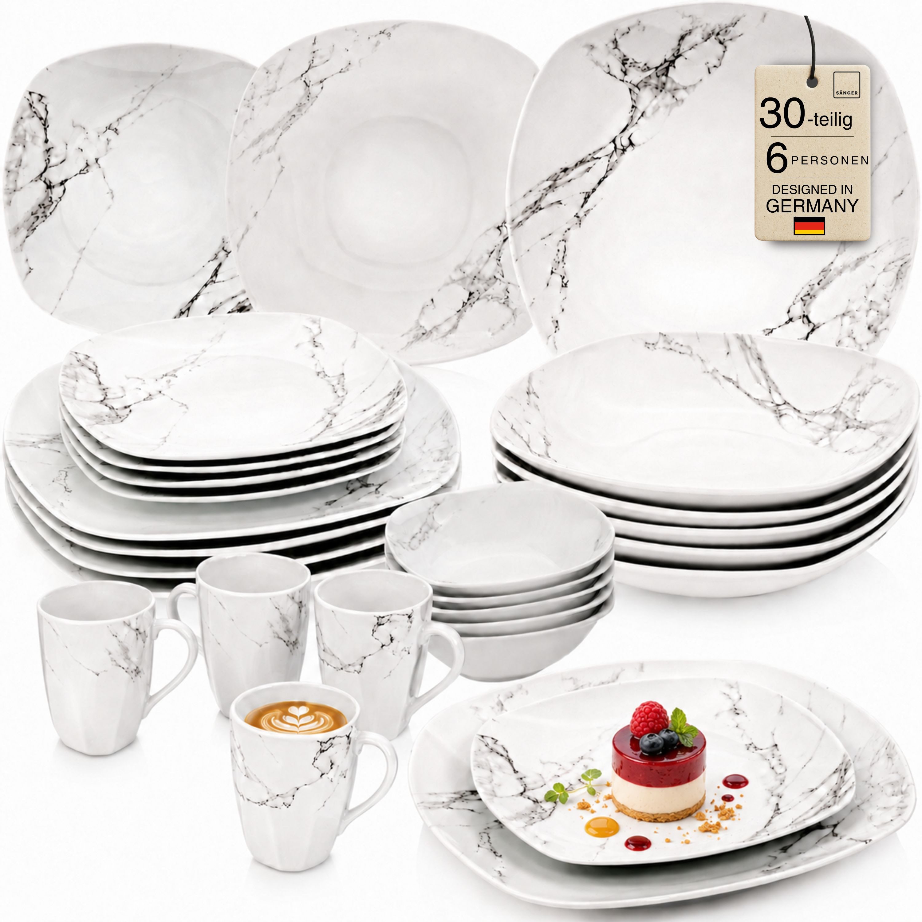 SÄNGER Tafelservice Bilgola Marmor, Weiß (30-tlg), 6 Personen, Porzellan, weiß, VALUE COLLECTION