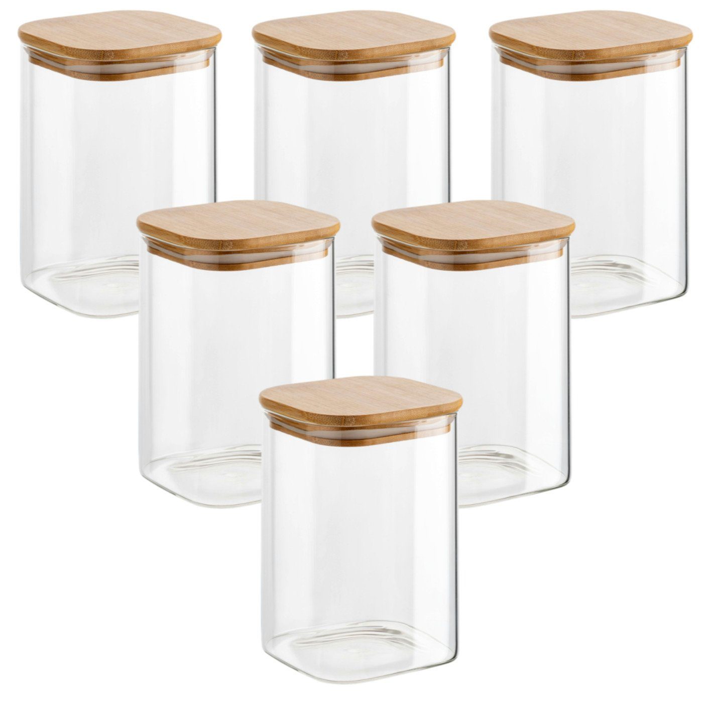 gouveo Vorratsglas Vorratsgläser aus Borosilikatglas Quadrat mit Bambus-Deckel, (6-tlg., 500 ml)