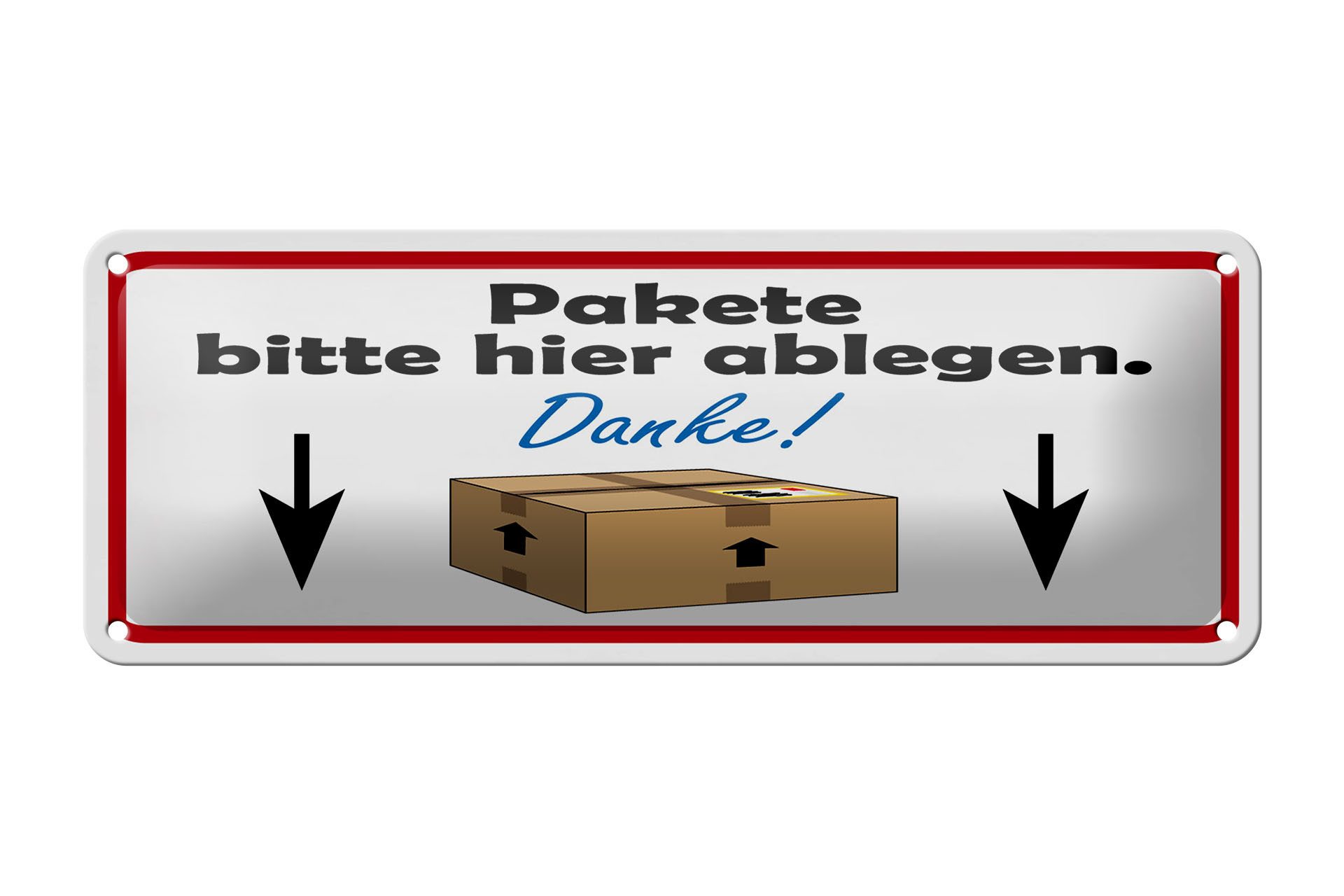 Femer GmbH Metallschild Spruch 27x10 cm Pakete bitte hier, (1 St), gewölbte Oberfläche, abgerundete Ecken, umgeschlagene Kanten