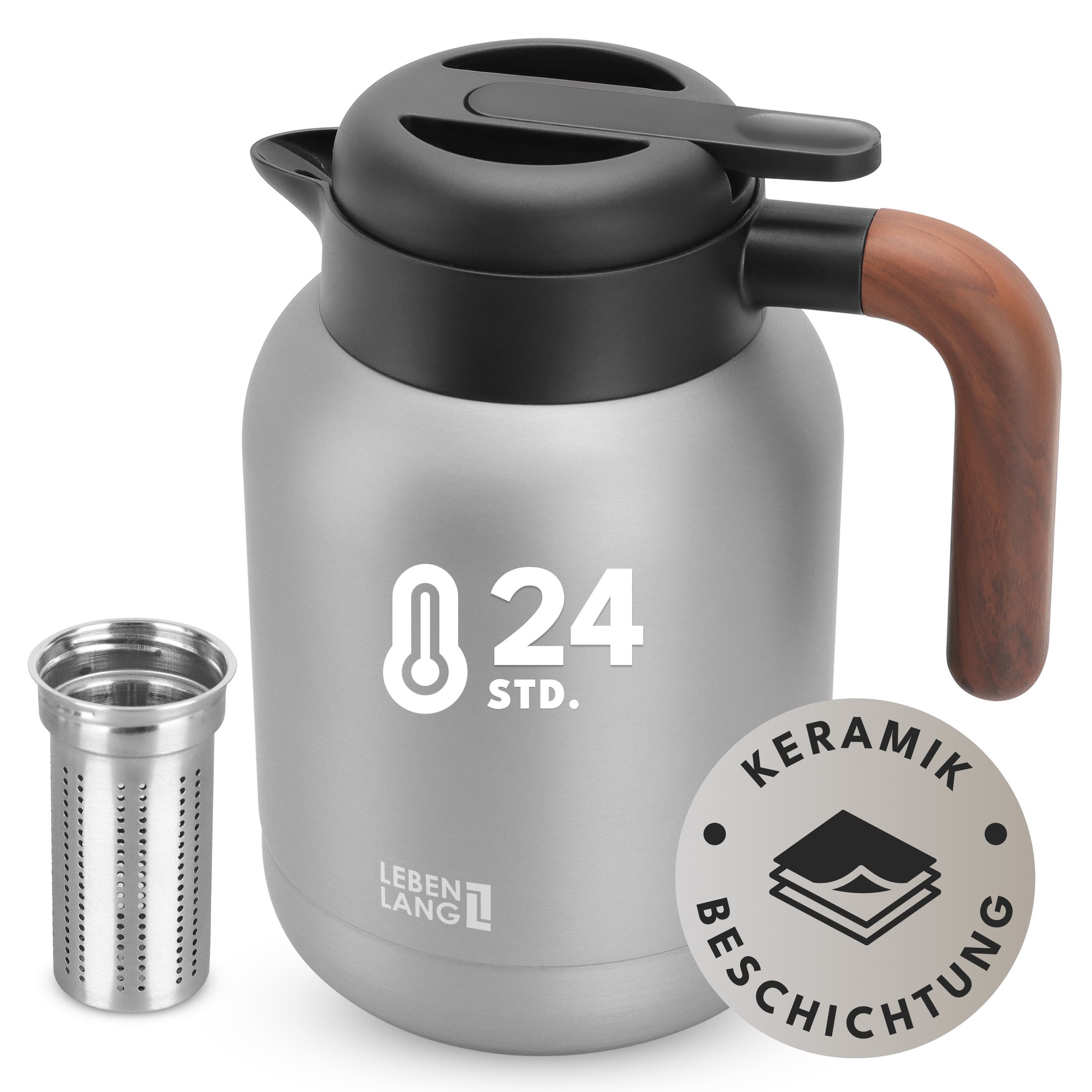 Lebenlang Isolierkanne 1,5L Thermoskanne inkl. Teesieb - Kaffee & Tee - Heiß & Kalt, 1.5 l, Innenwand aus Keramikbeschichtung, Auslaufsicher, Drehdeckel