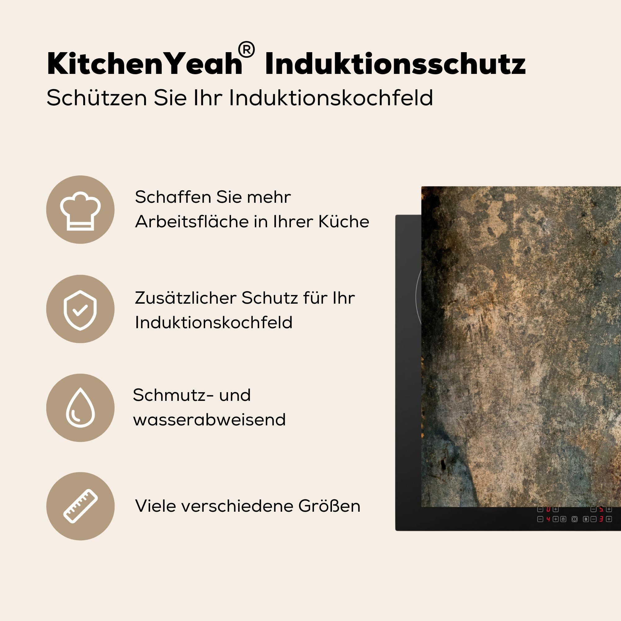 81x52 die - cm, Stahl für - Grau Ceranfeldabdeckung Induktionskochfeld Alt Rost - - MuchoWow küche, - tlg), Schutz Orange Abstrakt, - Muster (1 Herdblende-/Abdeckplatte Vinyl,